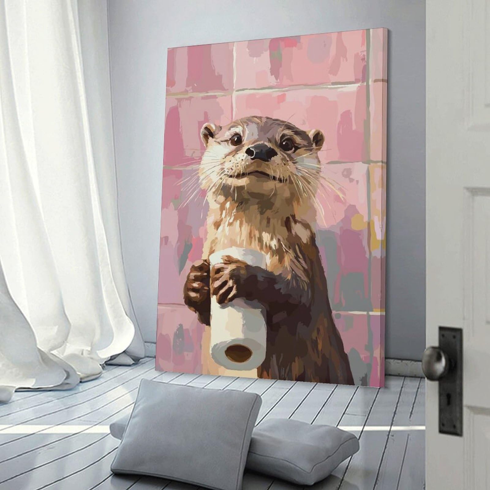 Junmoney Frame-Style-17 Otter With Toilet Paper Room Decor Wall Art 24X36inch(60X90cm), For Entrance Walls, Hall Decor Or Foyers, A Neat Decor Update For Hallways