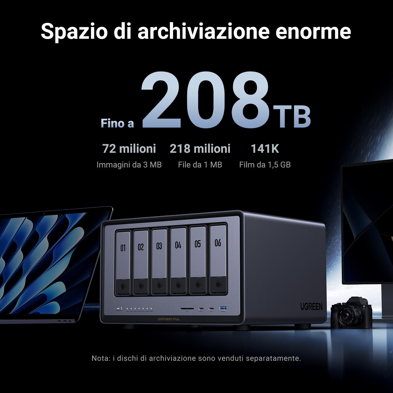 UGREEN NASync DXP6800 Plus NAS 6 vani per creator e uffici (senza HDD) | Intel Core i3-1215U, 10GbE + 2,5GbE, 8GB DDR5 fino a 64GB, SSD 128GB, 2×M.2 NVMe, HDMI 4K