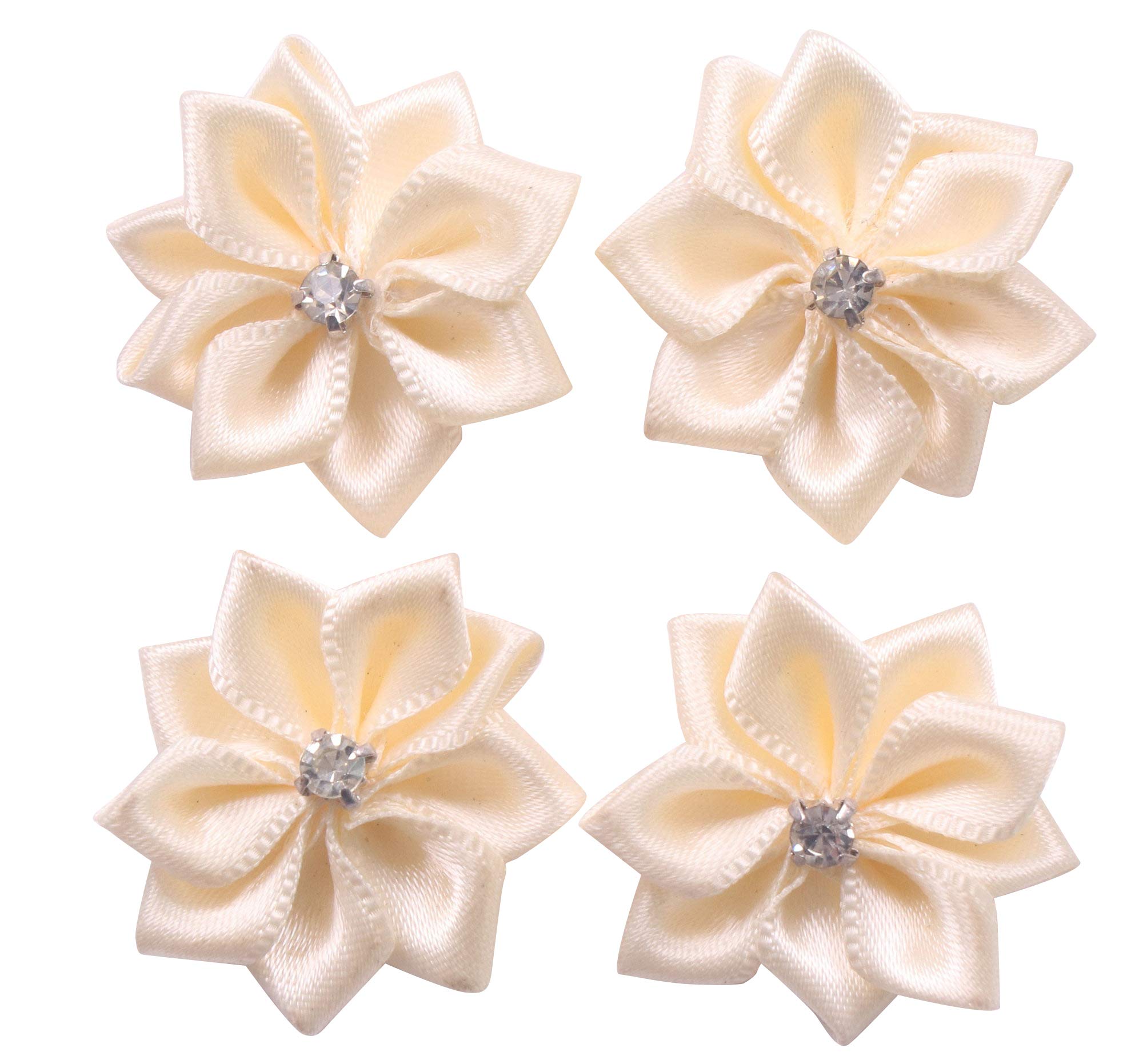 YAKA 60Pcs Beige Satin Ribbon Flowers Bows Rose W/Rhinestone Appliques Craft Wedding 1.1inch