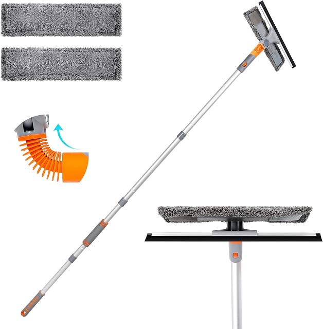 PhilaeEC Professional Window Cleaner, 2 in 1 Shower Squeegee with Extension Pole, 165cm Telescopic Window Washing Equipment with Bendable Head, Glass Cleaning Tools for Indoor/Outdoor High Window