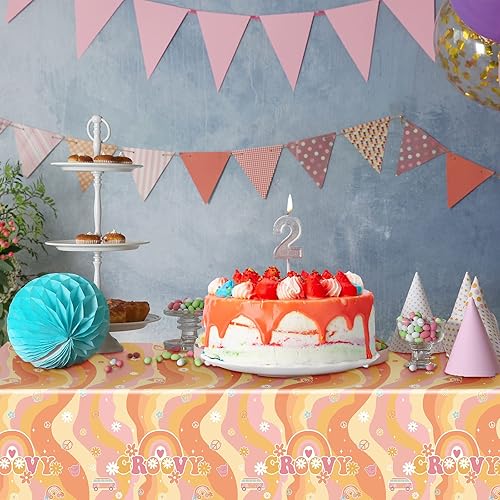 Miniatura 6 de Tiamon 3 manteles de plástico con diseño de arco iris y estilo hippie retro para mesa rectangular, desechables, margaritas y flores de arco iris,