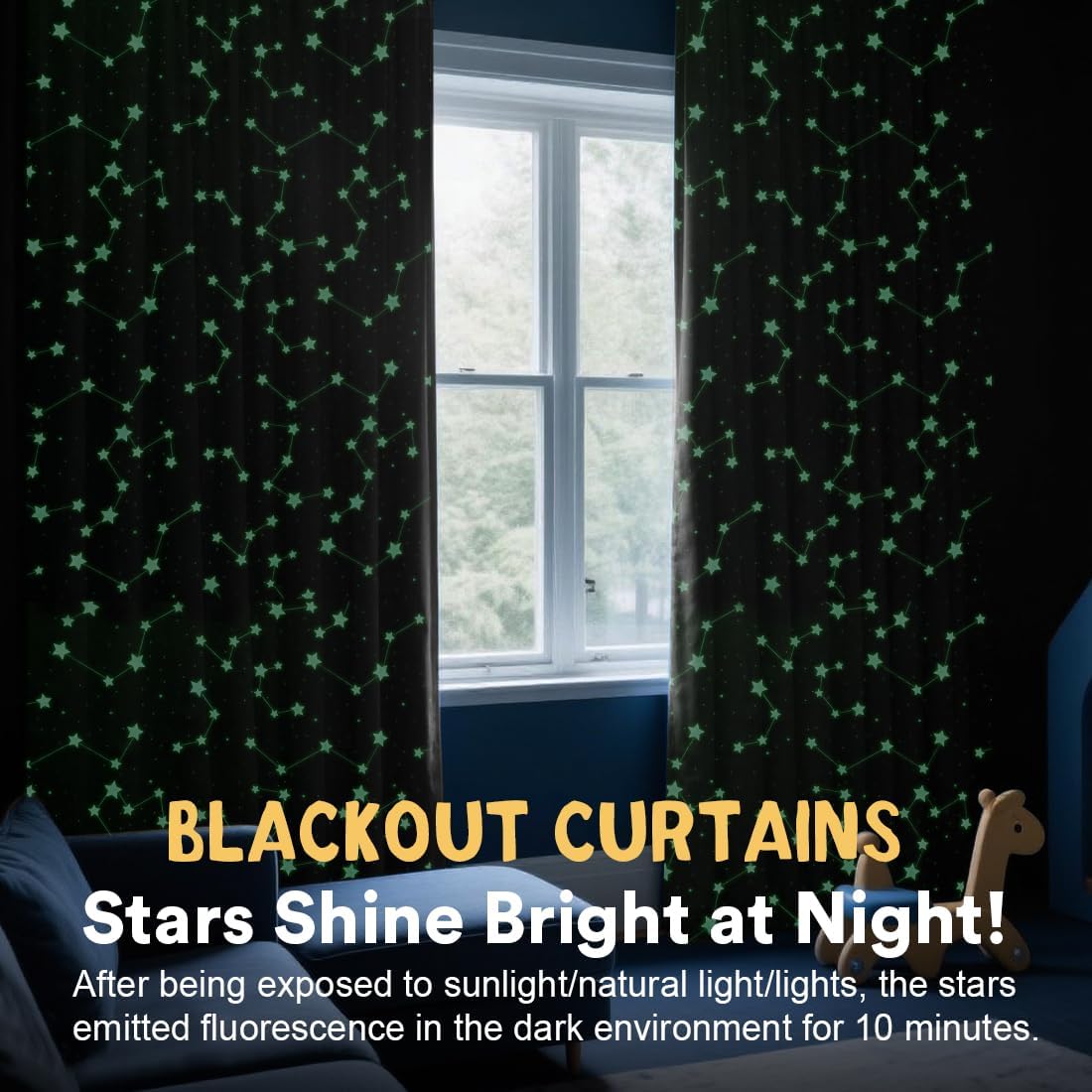 PrinceDeco Kids Blackout Curtains Star Pattern Blackout Curtains with Glowing Effect for Boys Room Curtains 2 Panel Set 84 Inch Total Darkness Thermal Insulated Drapes for Nursery,Black