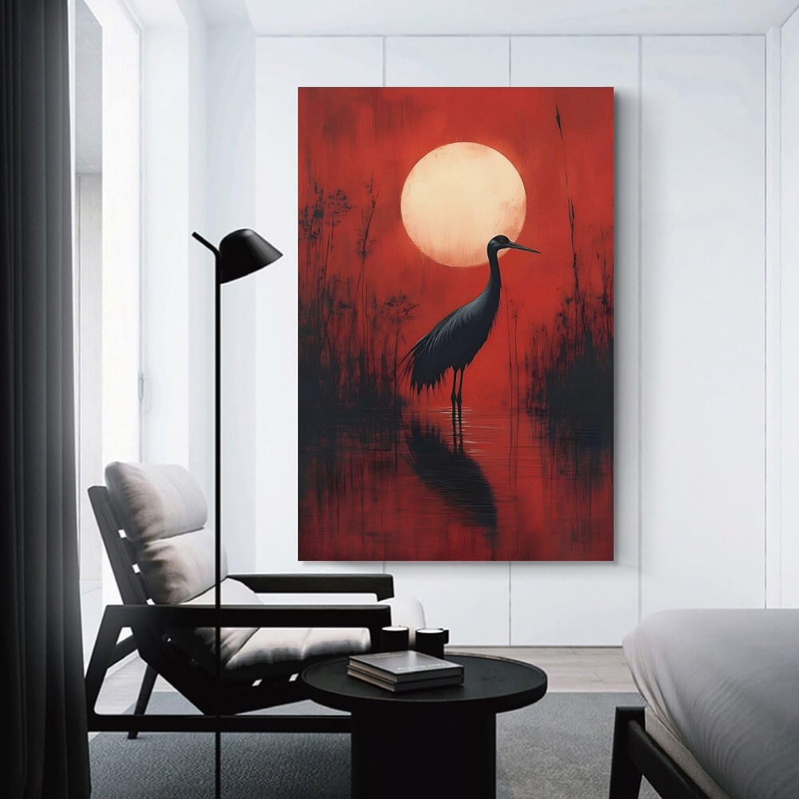 Junmoney Unframe-Style-22 Crane In Red Sunset Canvas Wall Decor, 24X36inch(60X90cm), For Wall Displays, Bedrooms Or Room Updates, Wall Decor Suited To Curated Displays