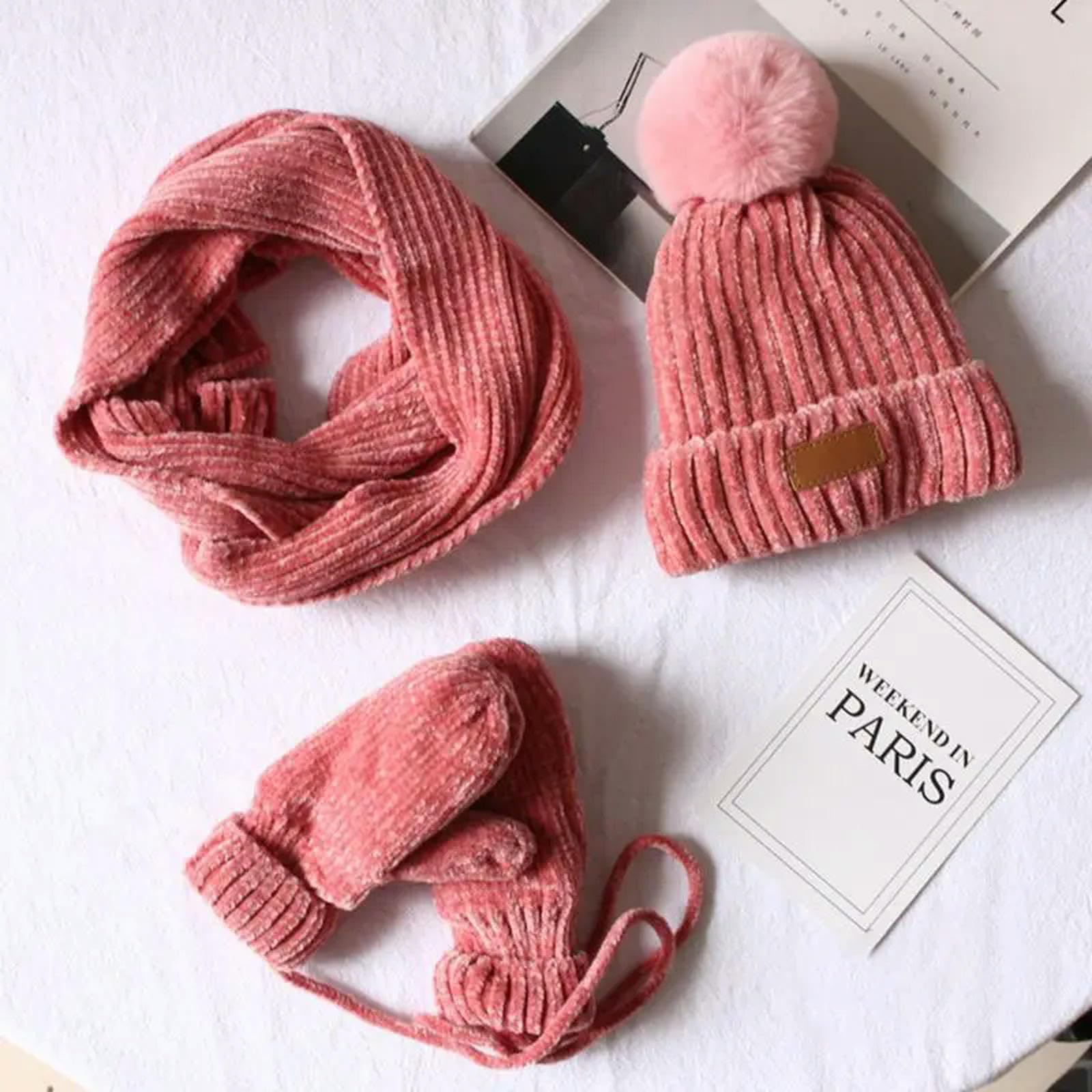Zonto wintermütze Kinder 3 In 1 Kinder Winter Gestrickte Warme Pom Pom Beanie Hut Schal Handschuhe Set