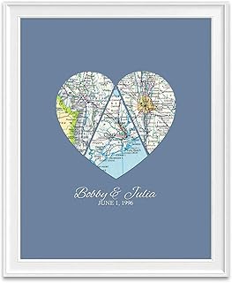 Custom Wedding Couple Split 3 Vintage Heart Maps Art Print, Unframed, Cu...