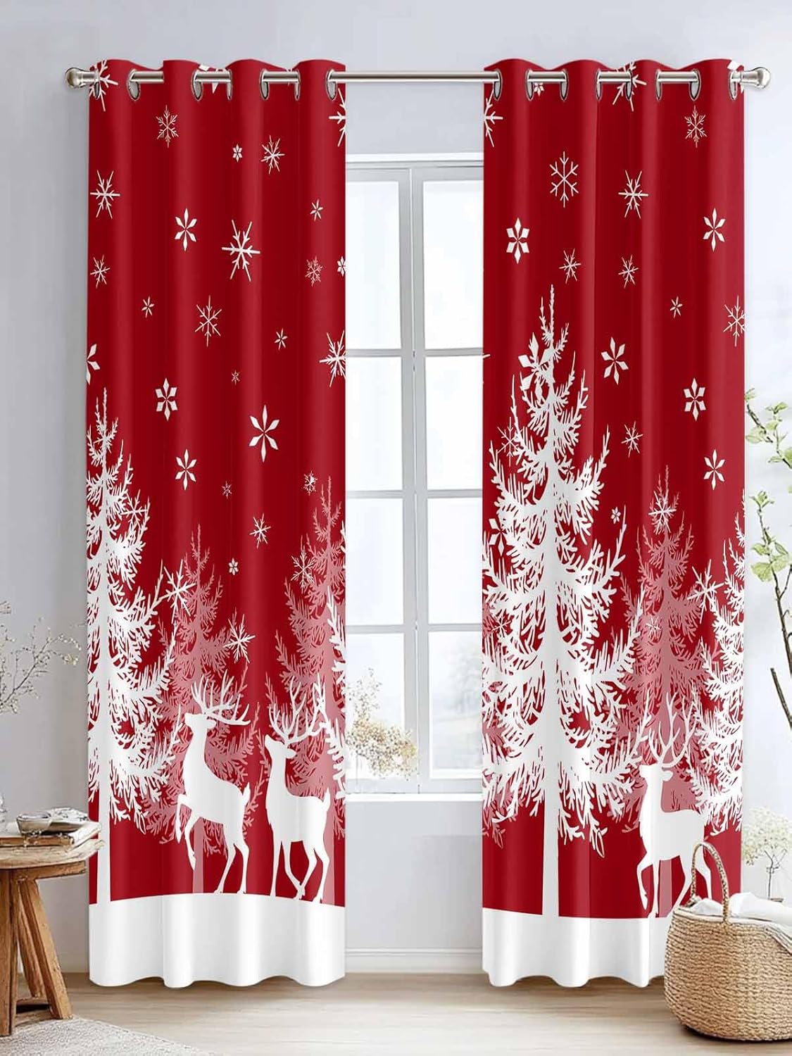 Grommet Top Window Curtains, Christmas Winter Snowflake Tree Elk Red Durable Light Blocking Windows Drapes for Kitchen/Bedroom/Living Room, Window Treatments Curtain Set of 2 Panels 52x96 in