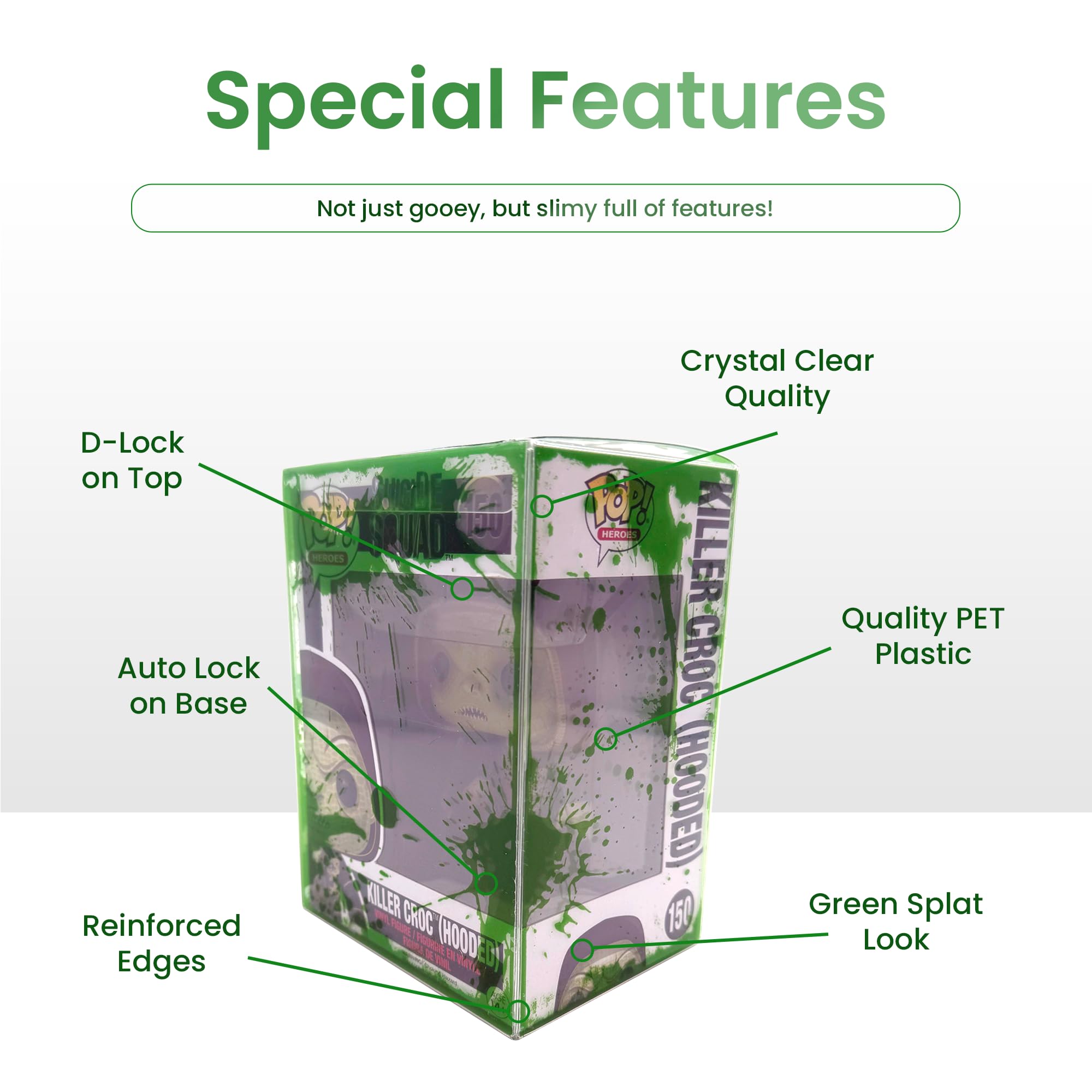 Green Splat - Custodia protettiva per figure in vinile da 10,4 cm, spessore 0,45 mm, in plastica PET senza acidi, con chiusura automatica, parte superiore D-Lock, confezione da 1-100 (100 pezzi)