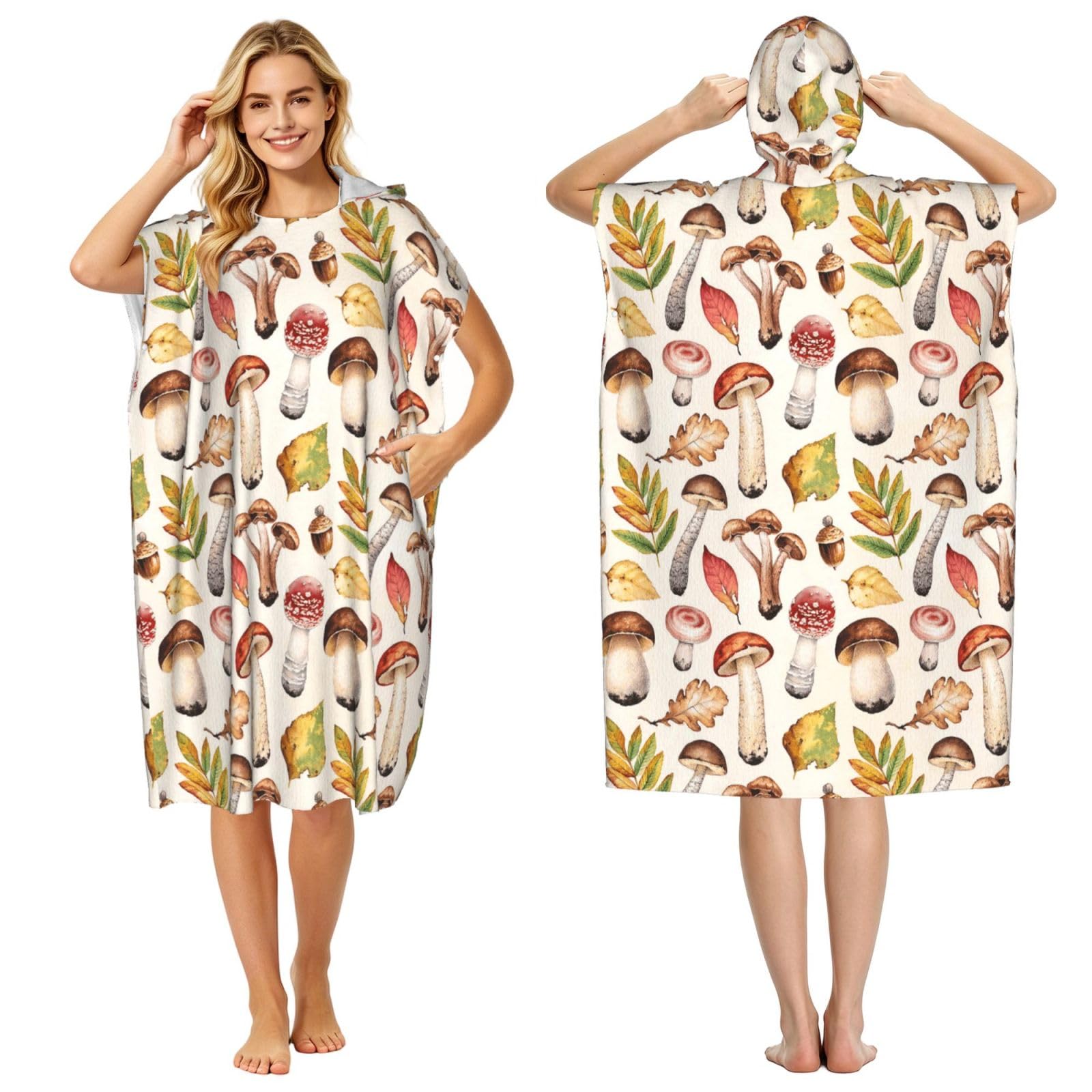 Poadnly Watercolor Mushrooms Printed, Adult Hooded Beach Towel 90 x 110 cm,Changing Bath Robe, Surf Poncho Towel For Women Men