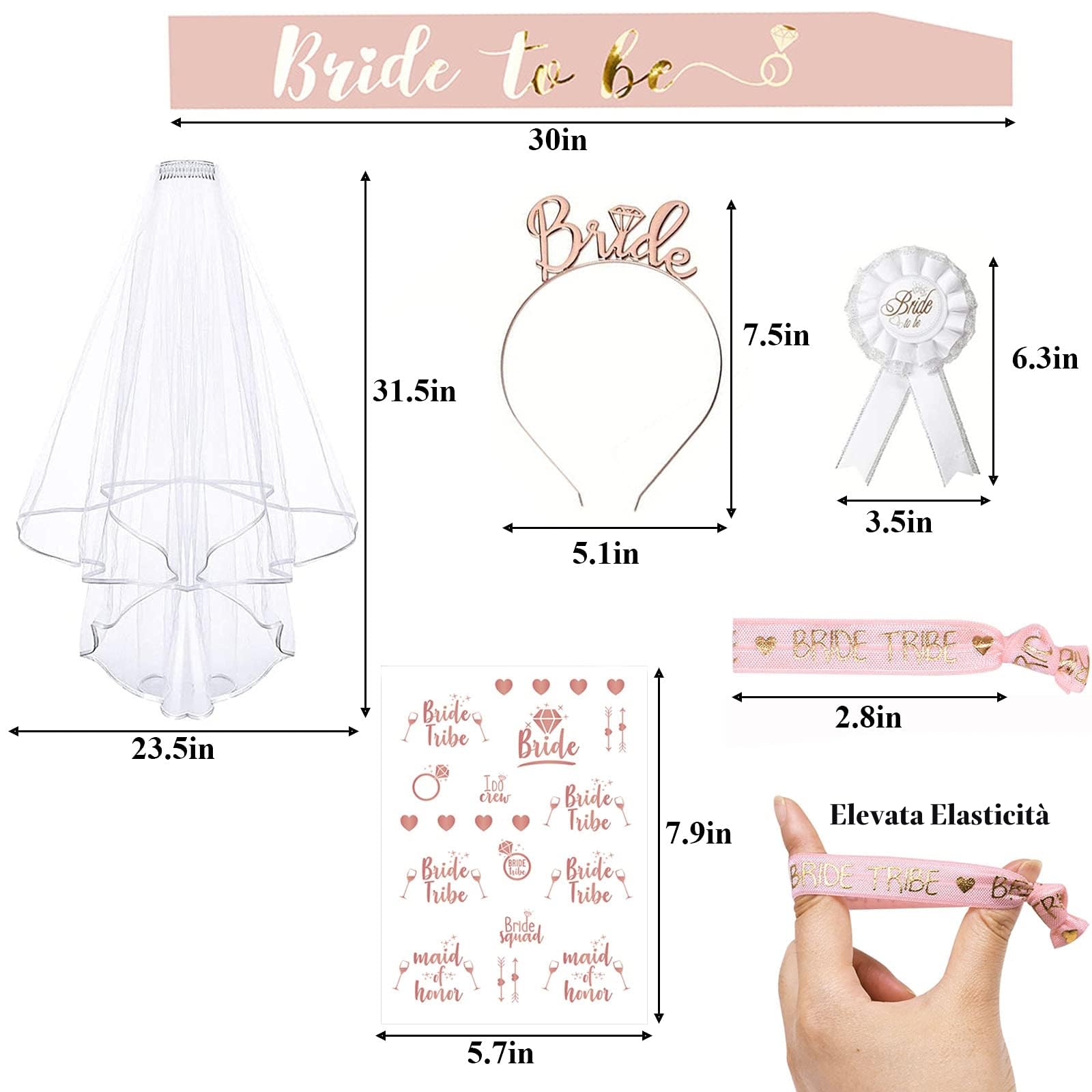 16PCS Gadget Sposa to Be Kit Accessori Velo Sposa Decorazione per la notte delle ragazze, 10 Team Sposa Bracciali, 1 Sposa to Be Bracciali, Velo, Spille, Tatuaggi, Cerchietto Tiara