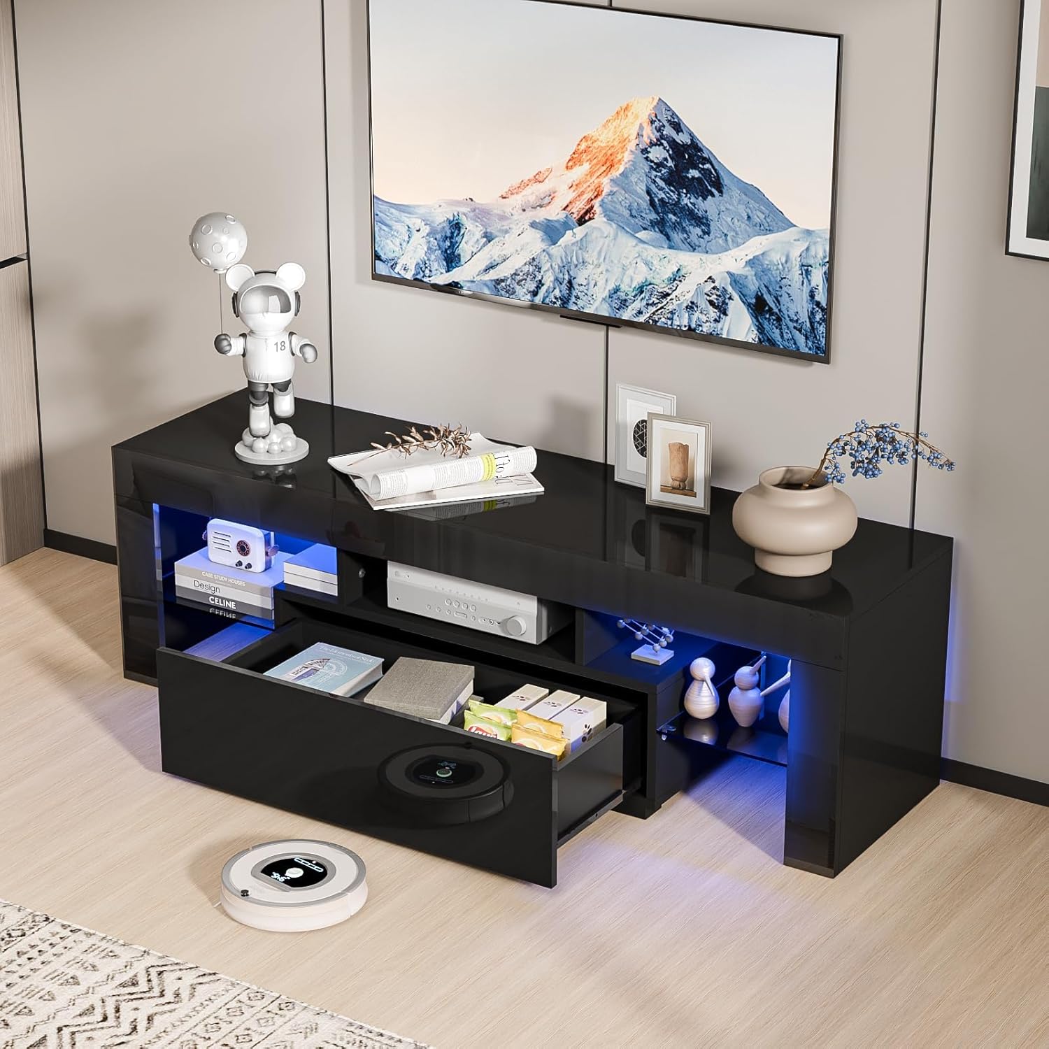 LED TV Unit, Lacquered TV Bench, 130 x 35 x 45 cm, TV Stand with Storage Glass TV Stand, Suitable for Living Room or Bedroom (Black)