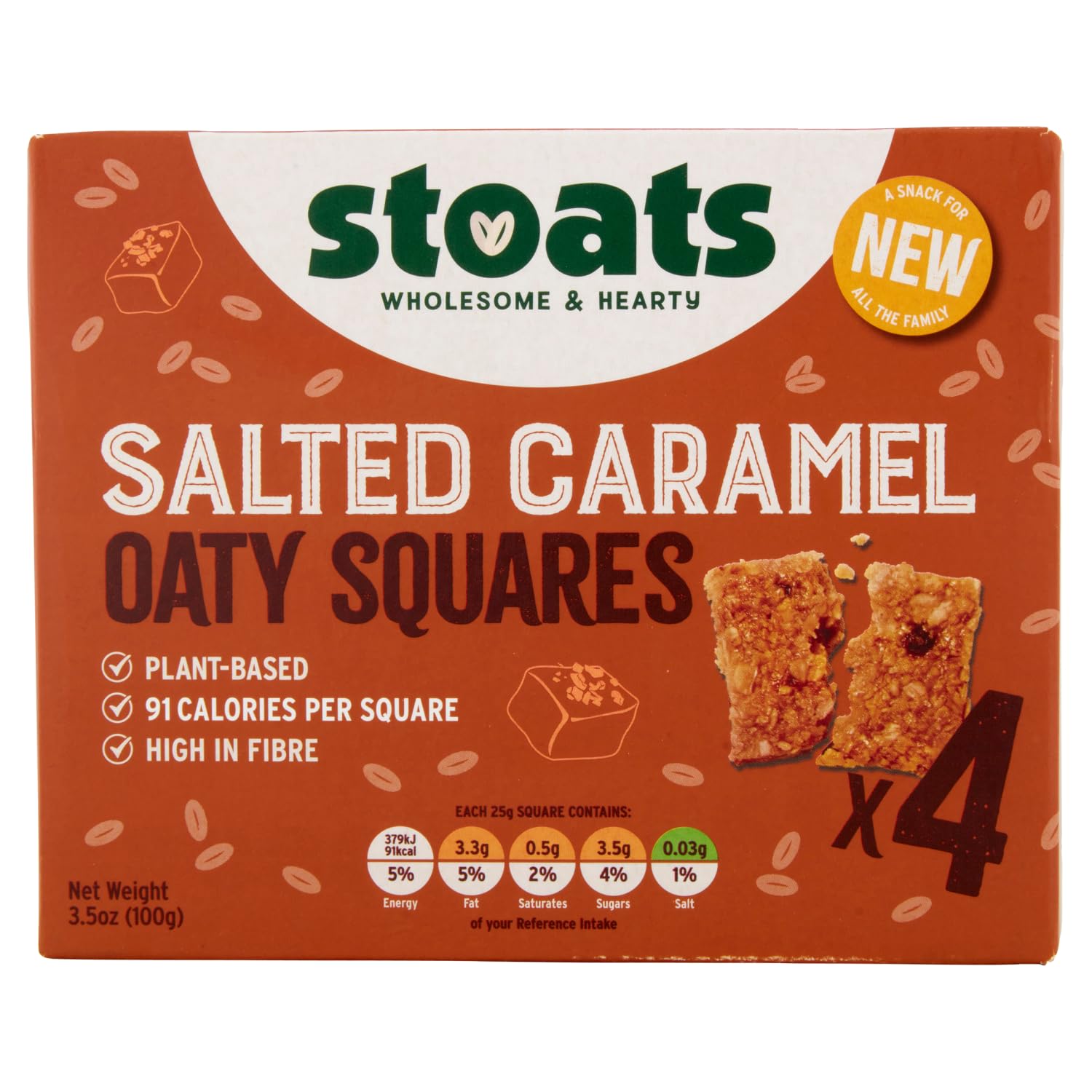 Stoats Salted Caramel Oaty Squares – Plant-Based, HFSS Compliant Snack Bars, Made with Scottish Oats and Salted Caramel Chunks, Individually Wrapped 25g Bars (Pack of 28)
