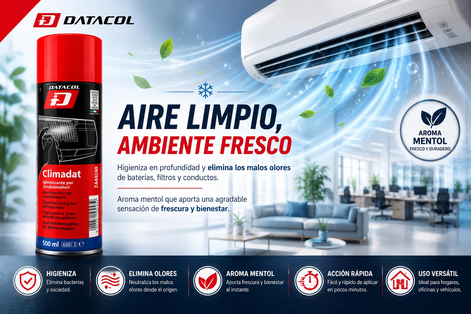CLIMADAT Spray higienizante aire acondicionado 500 ml – Pack 6 unidades – Eliminador de olores y bacterias – Limpieza de filtros y baterías – Uso hogar y profesional