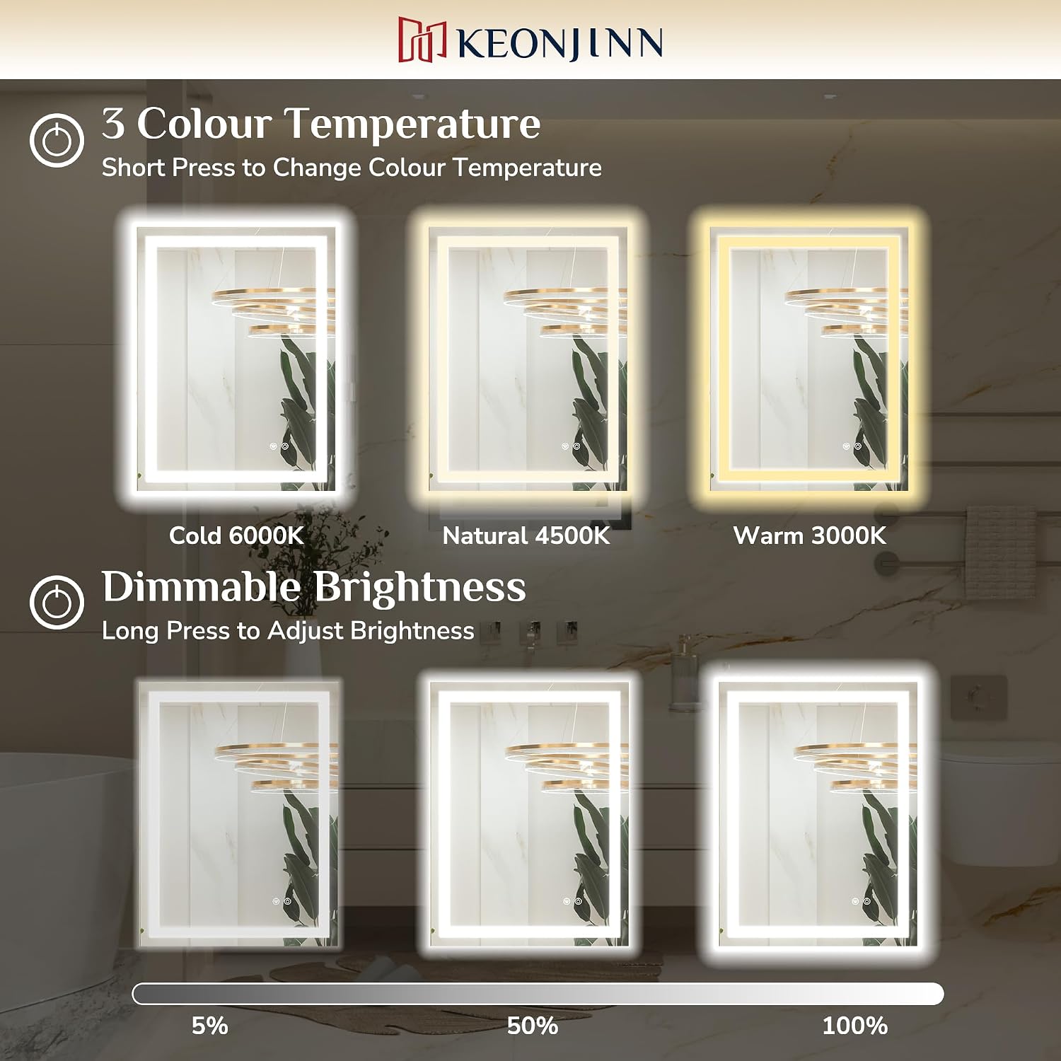 Keonjinn 60x80cm Bathroom Mirror with Led Lights, Antifog Vanity Mirror Back and Frontlit 3 Colour Dimmable Illuminated Wall Mounted Rectangle Mirrors