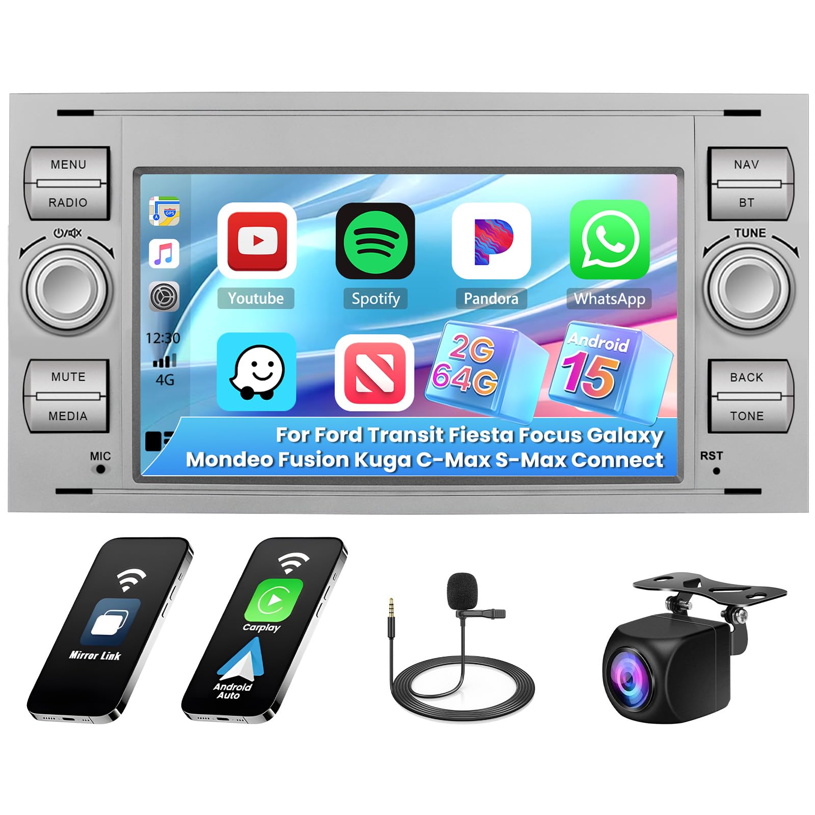 2G 64G Radio Coche Inalámbrica Carplay para Ford Fiesta Focus Transit Mondeo C-MAX S-MAX 7'' 2 DIN Android13 Pantalla Radio con GPS Android Auto Bluetooth WiFi RDS FM Mic Cámara Trasera (Blanco)