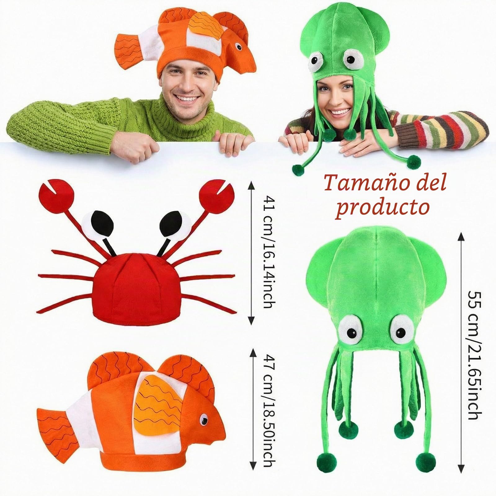 Kasyat 3 Sombreros de Fiesta Divertidos: Calamar, Cangrejo y Pez Payaso - Gorros de Animales Marinos del Océano - Accesorio de Disfraz para Cosplay y Halloween, 3 Estilos