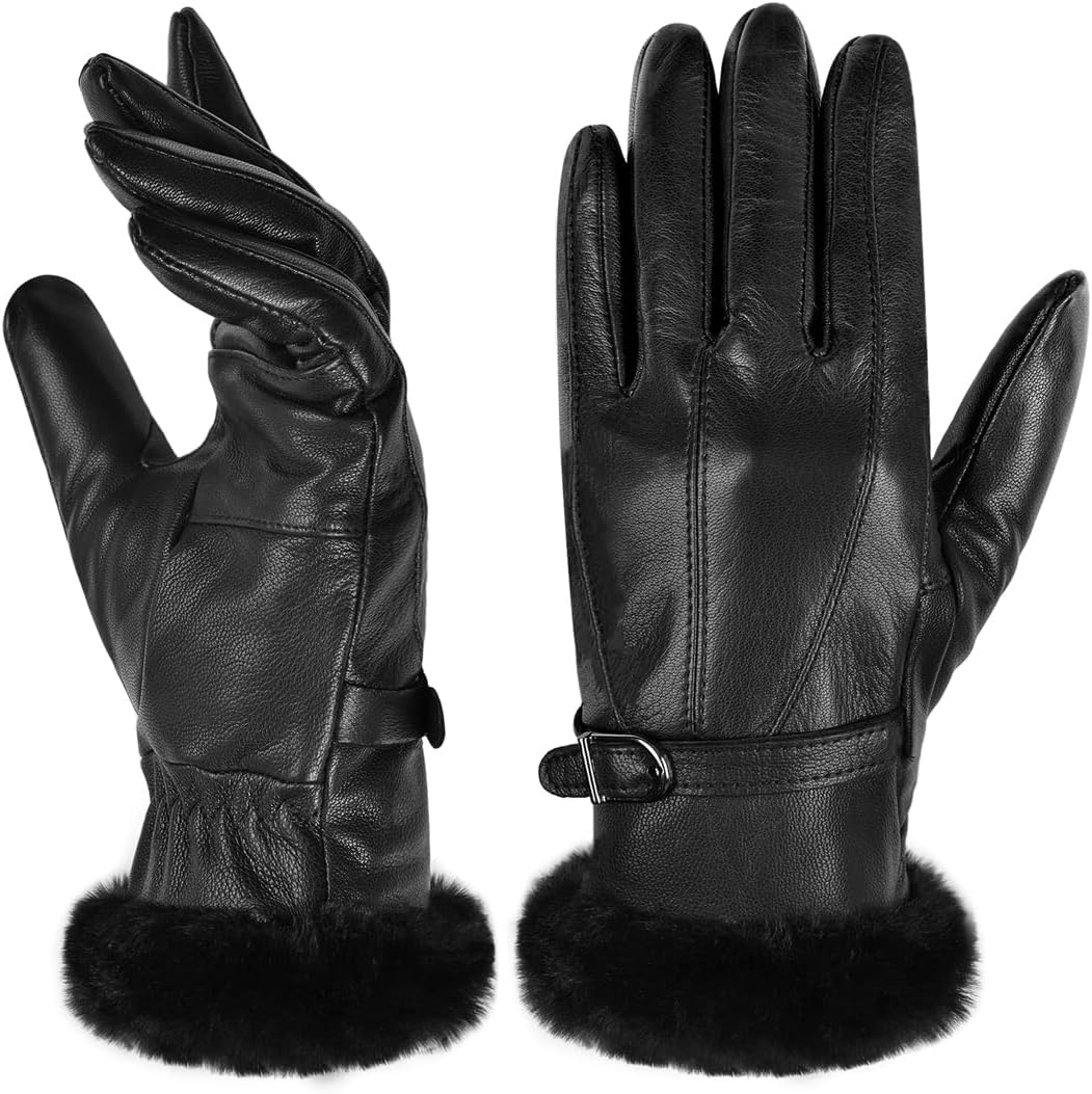 Harssidanzar Leather Gloves Women's Winter Thermal Dress Gloves Fur Lined For Cold Weather SL022US