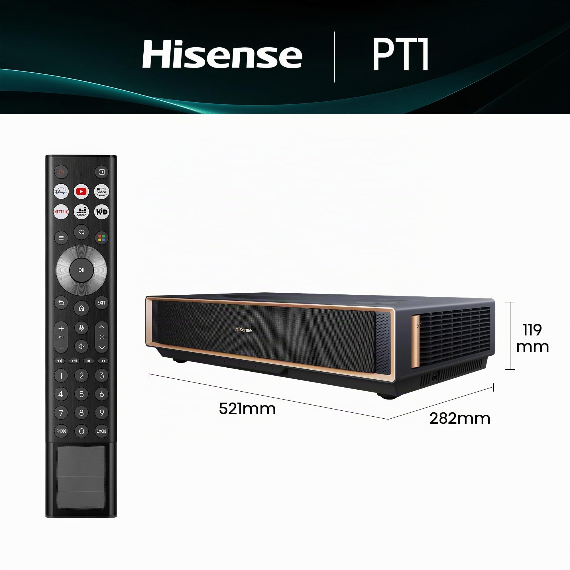 Hisense PT1 - Proyector Laser Tricroma UHD 4K Smart TV de Tiro Corto, de 80" a 150", 2500 Lumen, HDR10, Contraste Nativo 3000:1, Dolby Vision, Dolby Atmos, IMAX Enhaced, Smooth Motion, Mando Solar