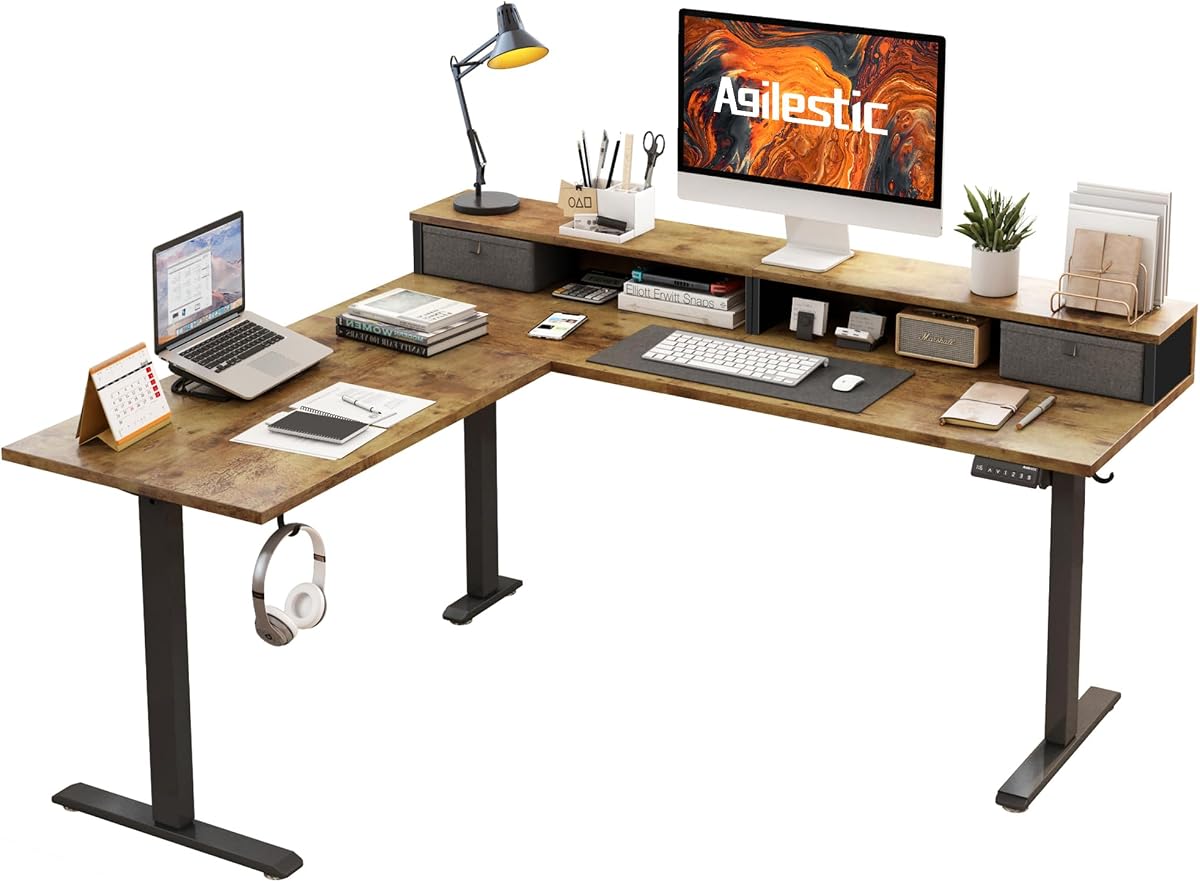 Agilestic 63 Inch L Shaped Electric Standing Desk with Drawer, Rustic Brown | 2 Stroage Drawers, Monitor Shelf, Corner Desk, Ample Workspace, Memory Presets, Hooks, Stable Steel Frame,176 lbs