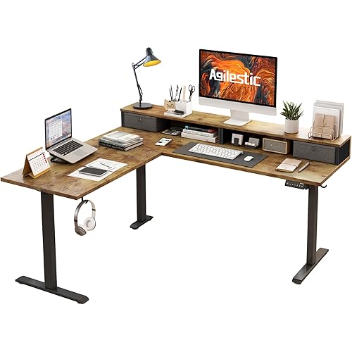 Agilestic L Shaped Electric Standing Desk with 2 Drawers, 63 Inch Ergonomic Adjustable Height Desk with Storage, Corner Desk Sit Stand up Computer Table for Work Office Home, Rustic Brown
