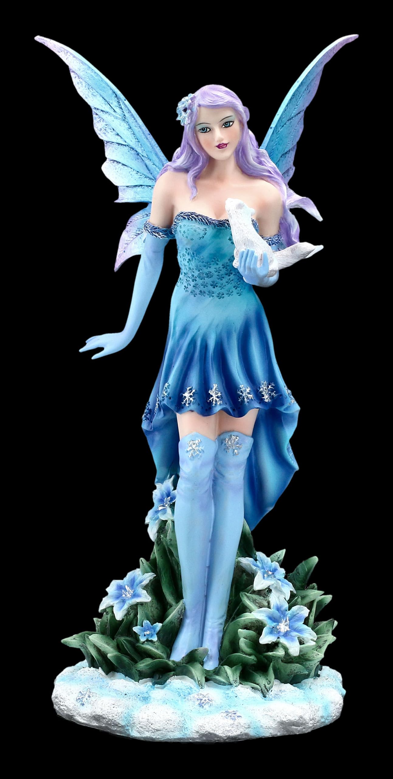 Winter Elfen Figur Melly mit weißem Frettchen, 26 cm, Kunststein, Handbemalt - Winterlandschaft, blaues Kleid
