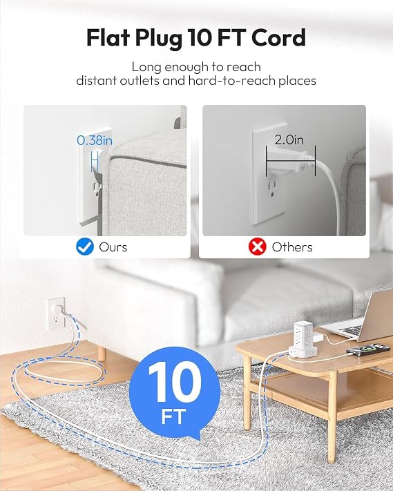 Tower Power Strip 10 FT, NTONPOWER Desk Mountable Charging Station, 8 AC Outlets with 4 USB Ports (2 USB C), for Home Office Dorm, White
