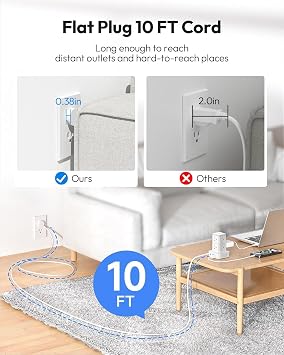 Tower Power Strip 10 FT, NTONPOWER Desk Mountable Charging Station, 8 AC Outlets with 4 USB Ports (2 USB C), for Home Office Dorm, White