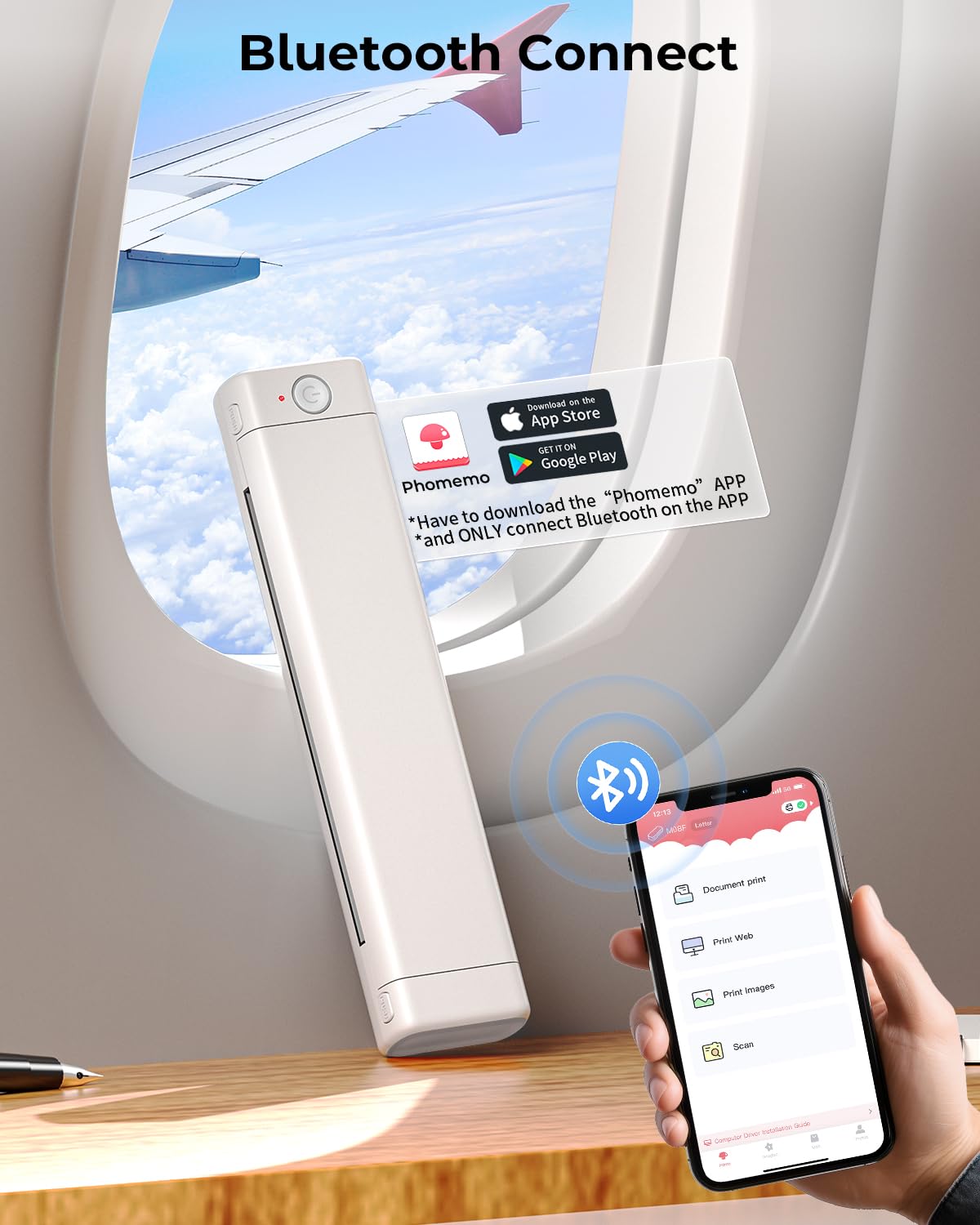 Phomemo M08F A4 Weiß Tragbarer Drucker mit 100 Blatt A4 Thermopapier, Kabelloser Bluetooth Mobildrucker für Reisen, Auto, Büro & Zuhause