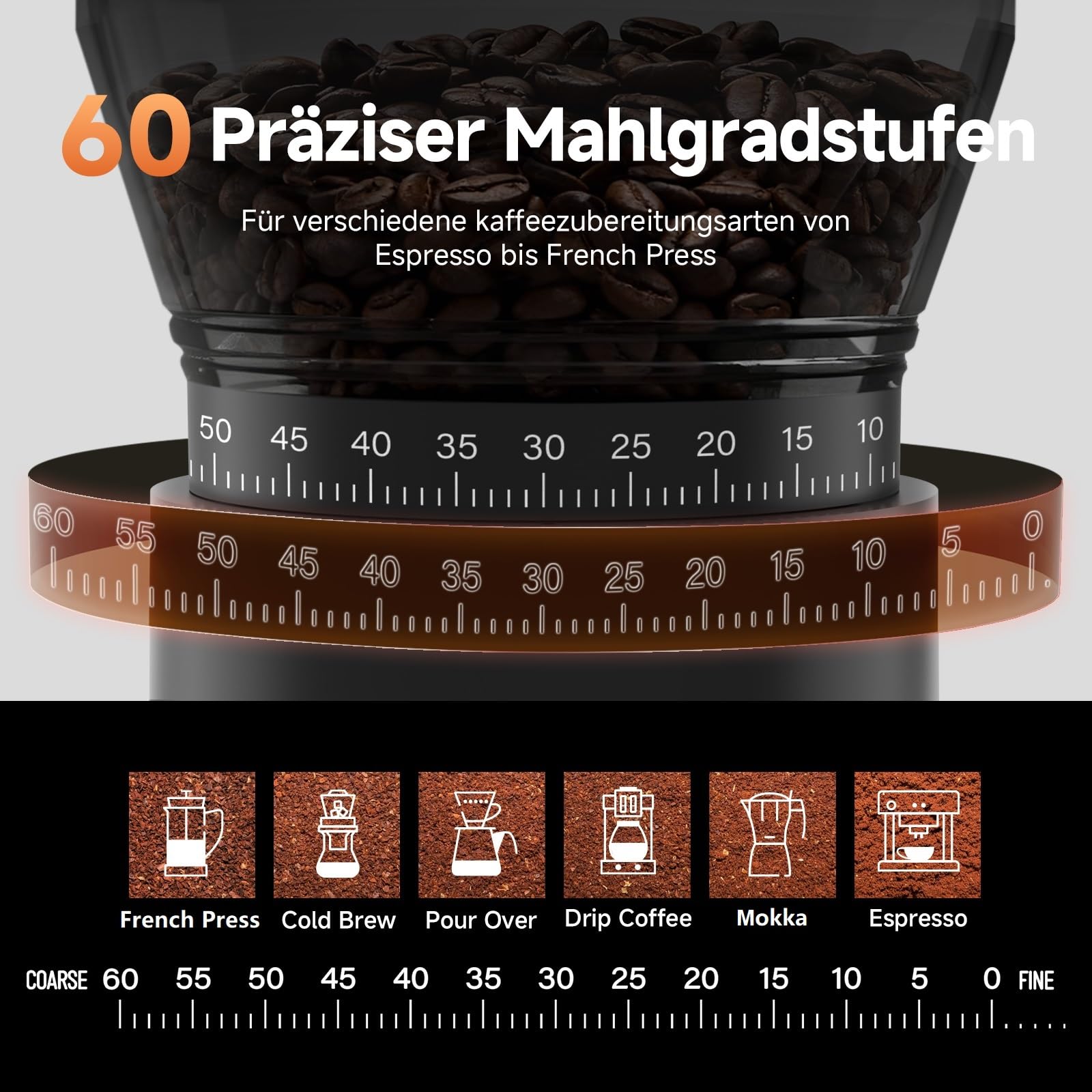 AAOBOSI Kaffeemühle Elektrisch, Kabellose Kaffeemühle Siebträger mit 60 Mahlgrad Einstellbar, Kaffeemühle Kegelmahlwerk Tragbar Wiederaufladbar für Espresso/Mocca/Drip/Pour Over/Cold Brew/French Press