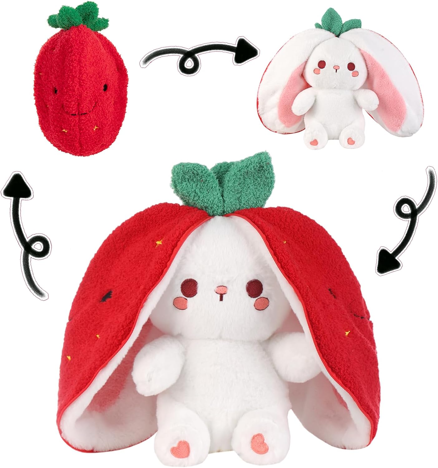 Emoin Bunny Stuffed Animal Reversible Cuddle Strawberry Bunny Plush Transformed Rabbit Toy Plush with Zipper Easter Bunny Plushies Gifts for Baby Boys Girls-13.7Inch