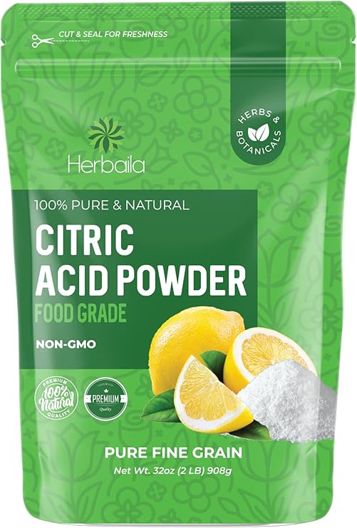 Herbaila Citric Acid Powder, 2 lb. Citric Acid for Bath Bombs, Citric Acid Food Grade, Non GMO Citric Acid Bulk, Food Grade Citric Acid Powder Cleaning, Citric Acid for Cheese Making and Canning.