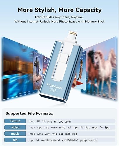Miniatura 5 de Unidad flash de 256 GB con certificación MFi para iPhone, memoria USB 3 en 1 tipo C para fotos y videos, memoria externa de alta velocidad para