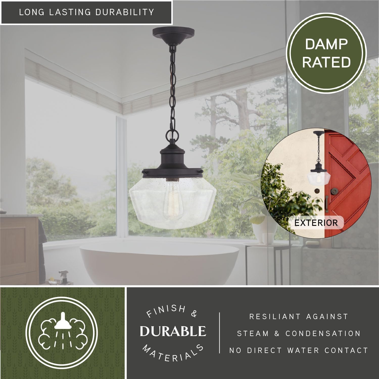 VAXCEL Collins 1 Light Black Farmhouse Outdoor Pendant Clear Schoolhouse Glass