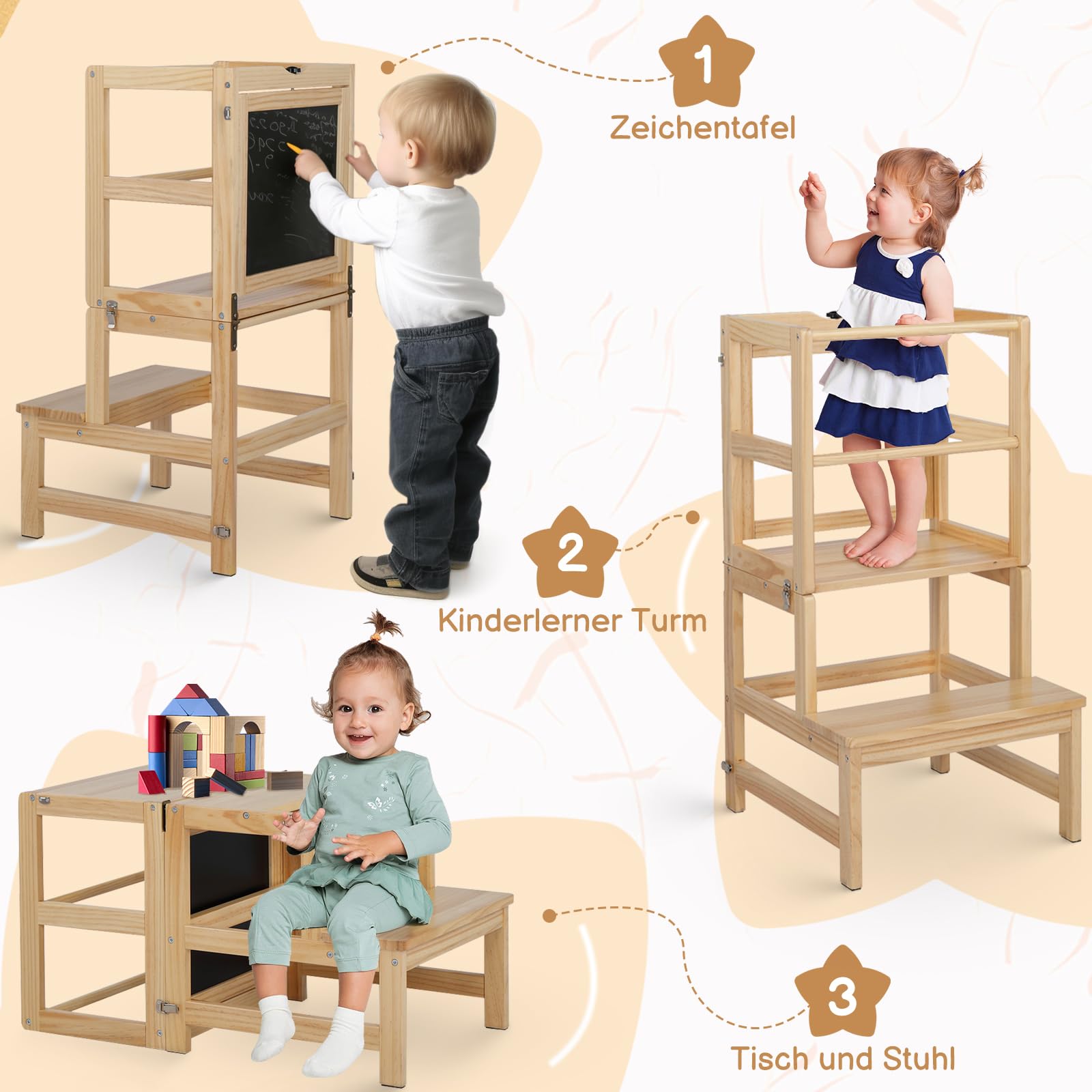 LALAHO Lernturm ab 1 Jahr，Tritthocker Holz，Lernturm Klappbar mit rutschfeste Matte，Montessori Inspiriert，Für Küche & Bad（Natur）