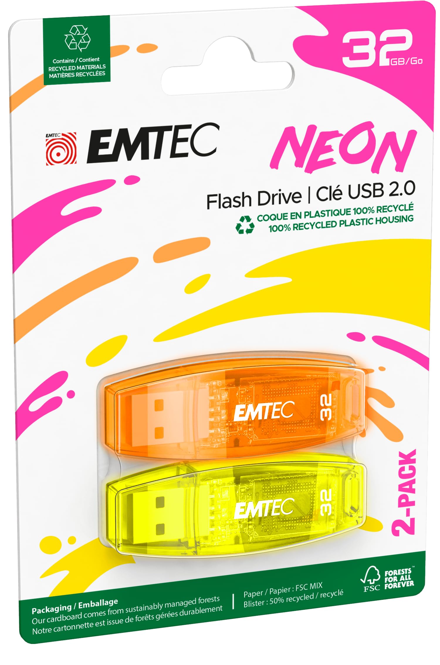 EMTEC Chiavetta USB 2.0 C410 Flash Drive da 32 GB, lettura 5 Mb/S, scrittura 15 Mb/S, USB 2.0, USB 3.0, trasparente al neon con cappuccio, confezione da 2