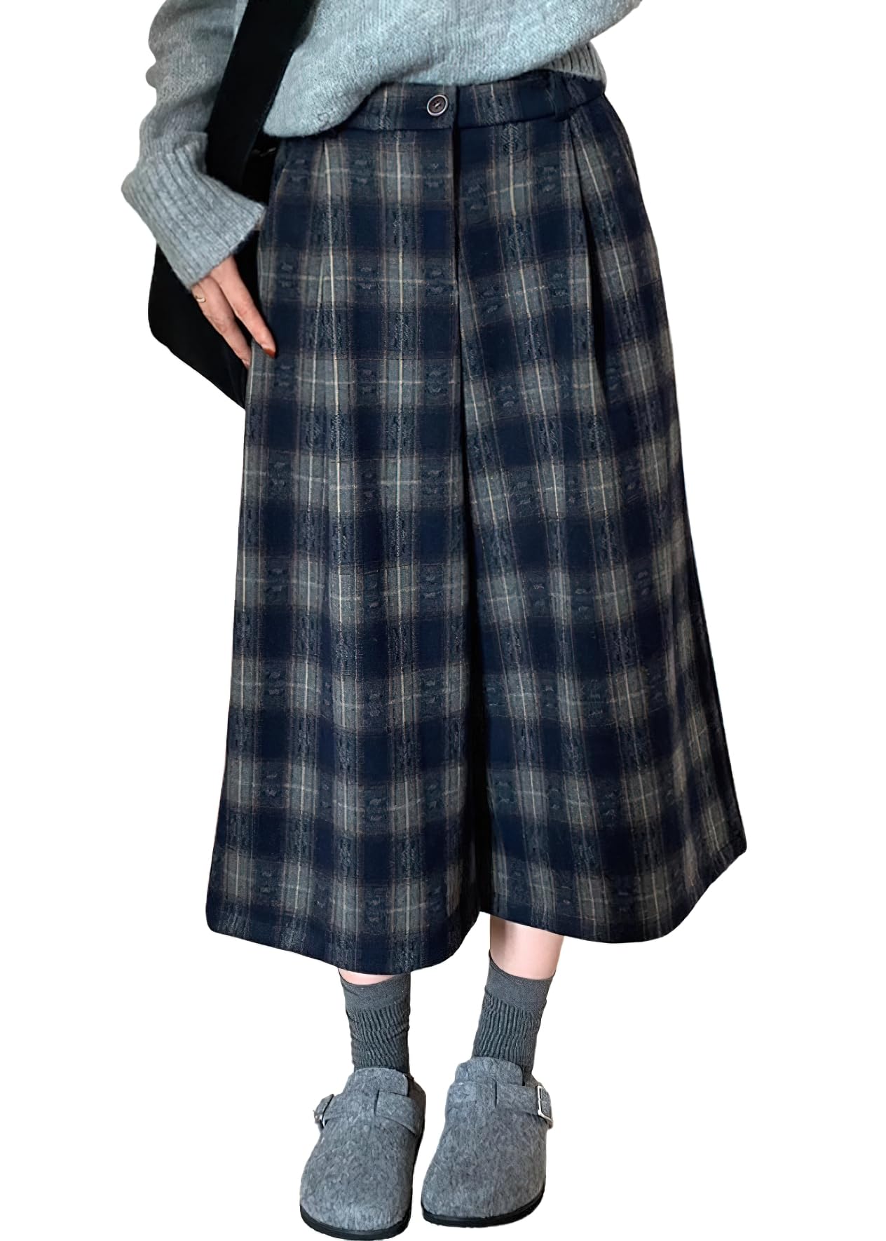 chouyatou Womens Fall Winter Plaid Wool Culottes Capri Cropped Pants Elastic Wide Leg Palazzo Trouser