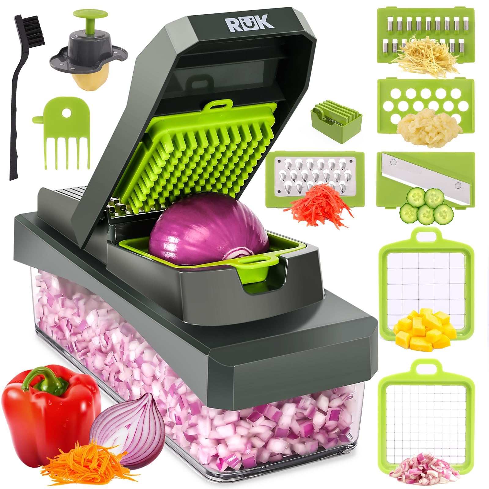 RüK 10-in-1 Vegetable Chopper with Container – Food Cutter, Cheese Slicer, Mandoline, Grater, Onion & Salad Dicer (Gray)
