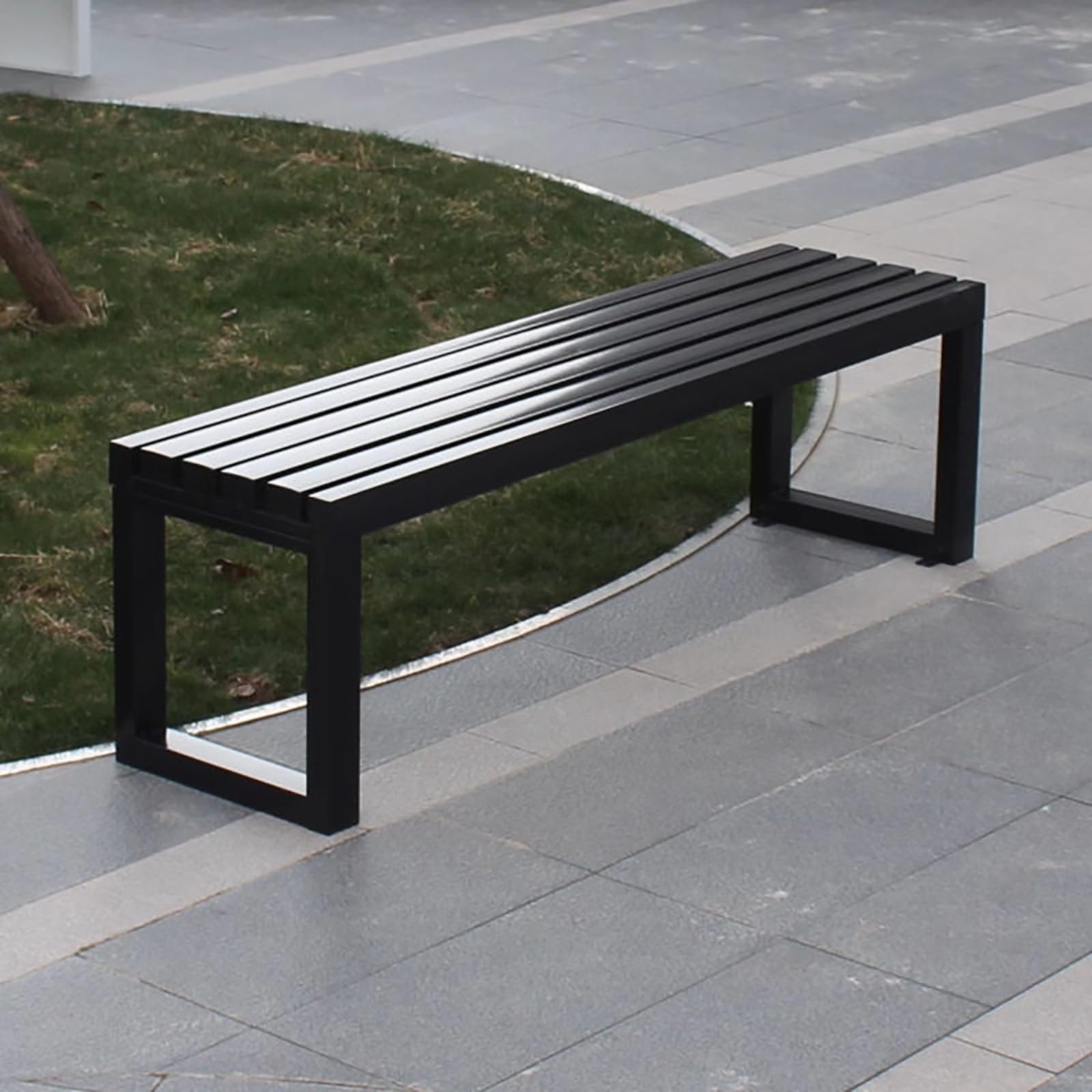 Banco de jardín de metal resistente con asiento de patio sin respaldo