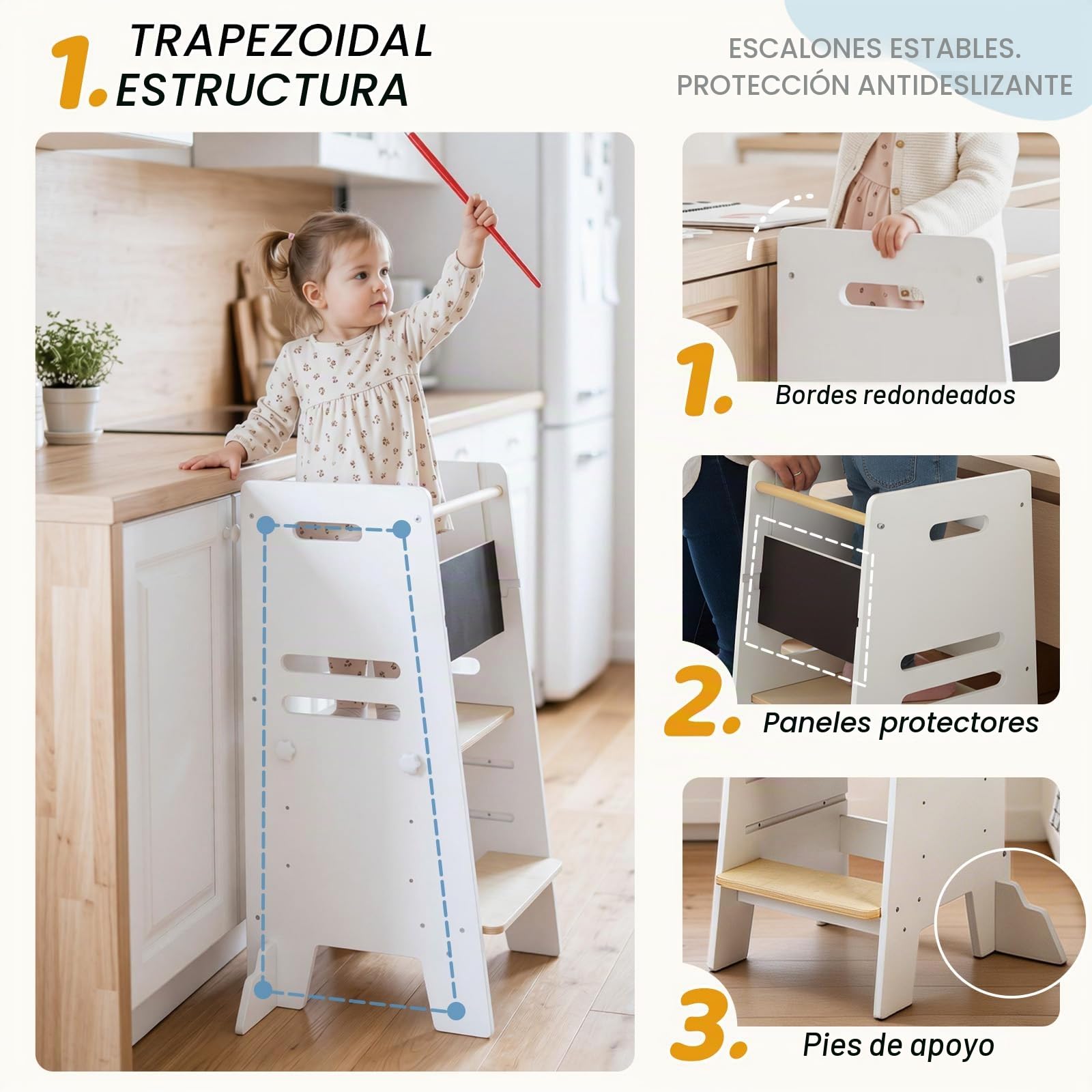 Labebe Torre de Aprendizaje para Niños Desde 1 Año, Learning Tower 3 en 1 con Pizarra y Asiento, Torre de Aprendizaje Ajustable en 3 Alturas, Ayudante de Cocina Seguro de Madera