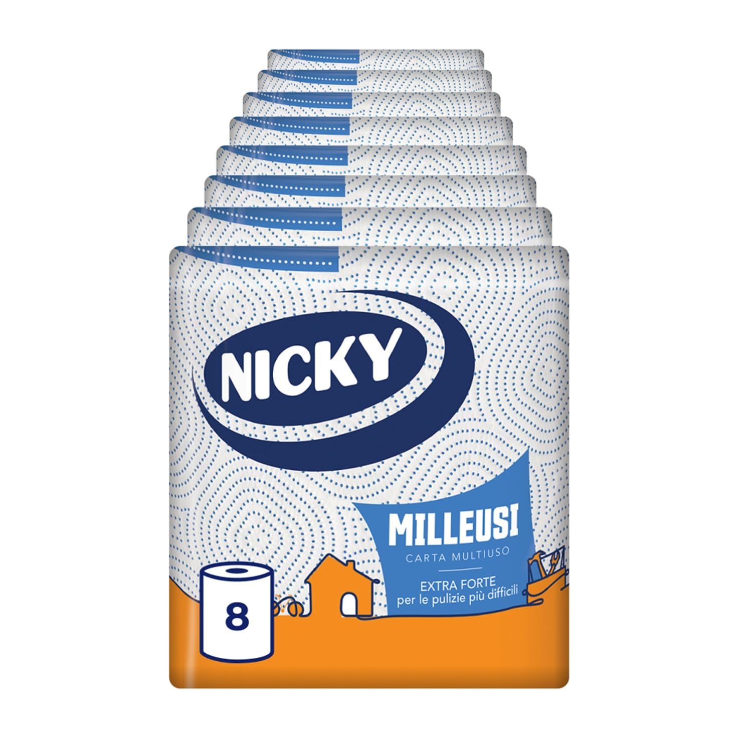 Nicky Milleusi Forte – 8 Rotoli di Carta Multiuso, 180 Resistenti Fogli a 3 Veli, Per le Pulizie Più Difficili, Lunghezza Extra e Infinita Versatilità, Carta 100% Certificata FSC