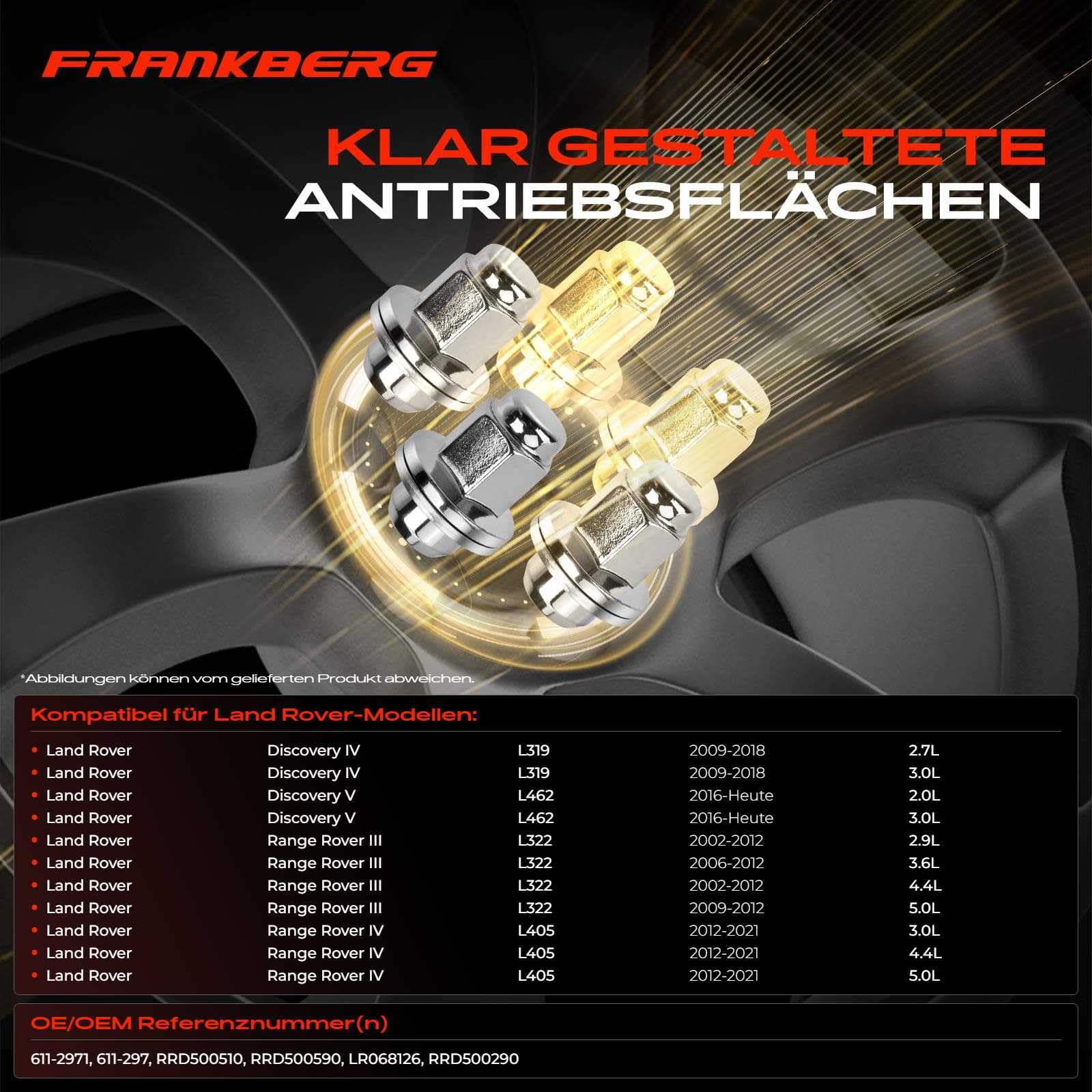 Frankberg 10x Radmutter Vorne Hinten Kompatibel mit Discovery IV/V R-a-n-g-e R-o-v-e-r III/IV/Sport 2.0L-5.0L 2002-2021 RRD500290