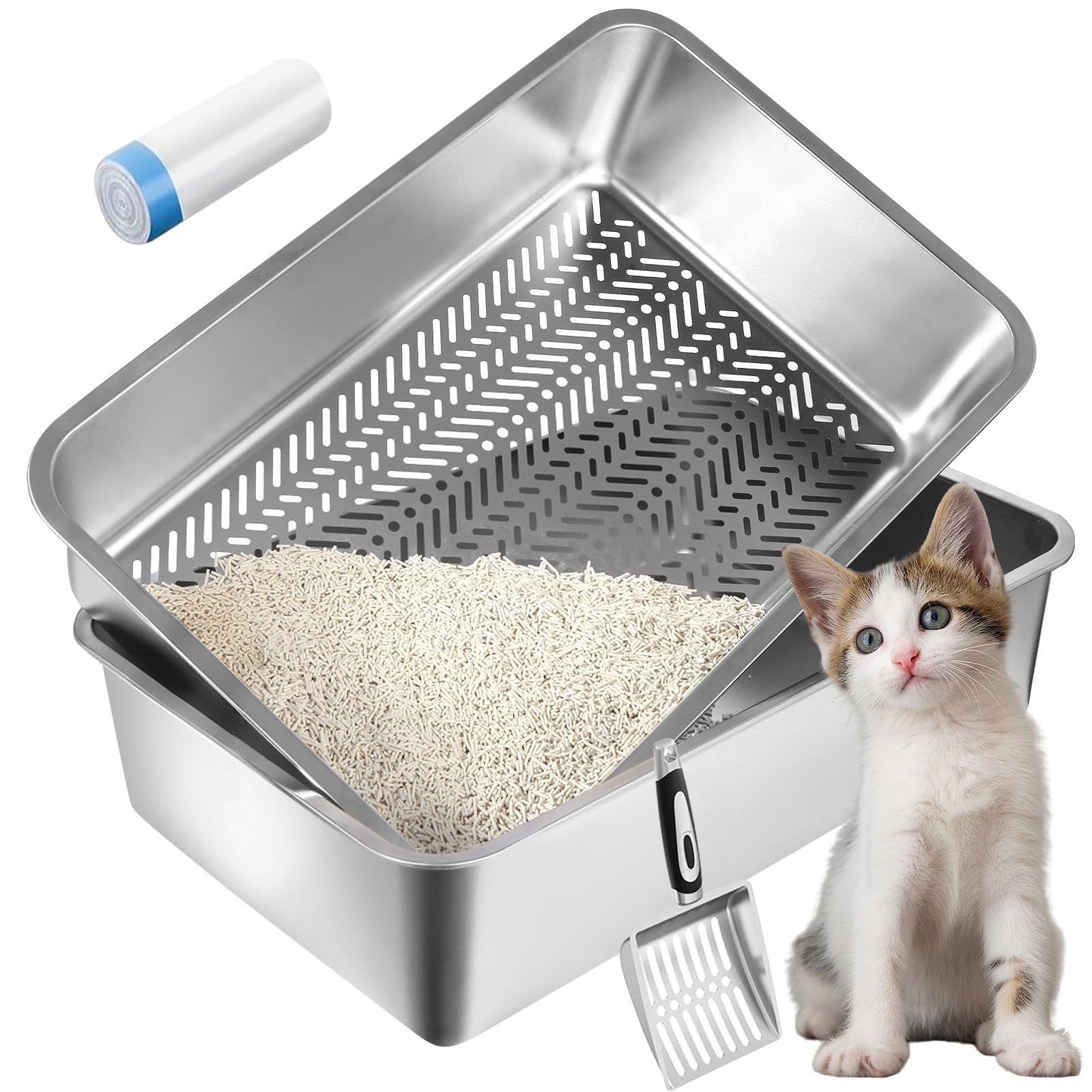 XXL 23.6" L x 15.7" W x 8" H Stainless Steel Sifting Litter Box for Pine Pellets, Metal Litter Pan for Big Cats, Non Clumping Sifter Litter System with Liners Scoop, Odor Control, Easy Clean
