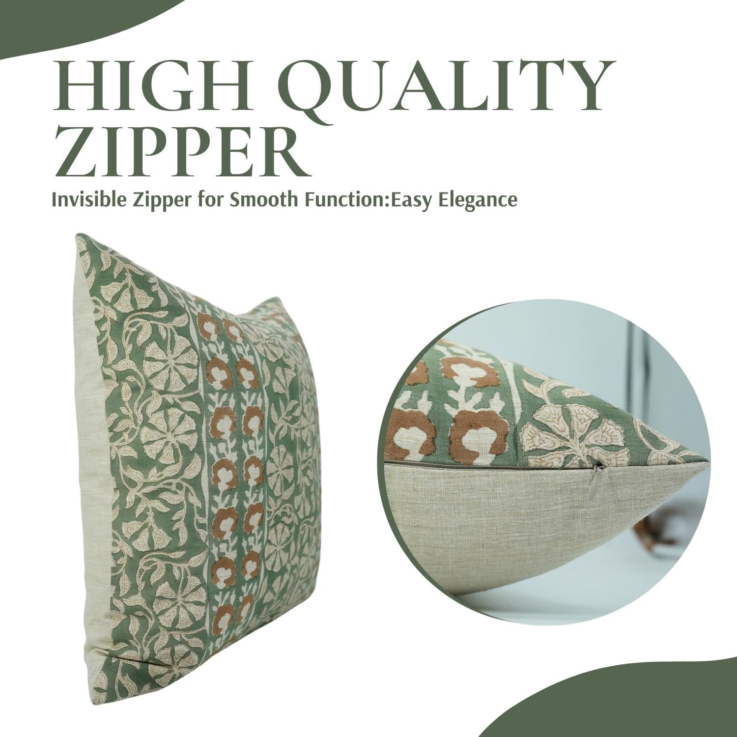 Green Brown Handmade Block Print Flower Pillow Cover, Plush Linen Fabric Square 18"X18" Vintage Living Room Rustic Spring Winter, Home Office Decorative Cushioncase, Rudraksh