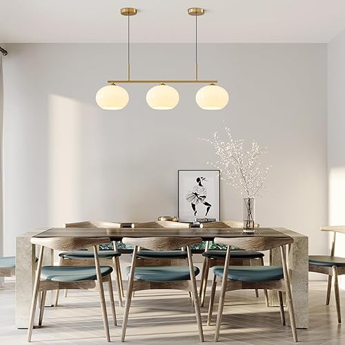 Miniatura 6 de KCO Iluminación de oro 3 luces globo colgante iluminación mediados de siglo moderno cristal blanco comedor lámpara colgante latón oro isla colgante