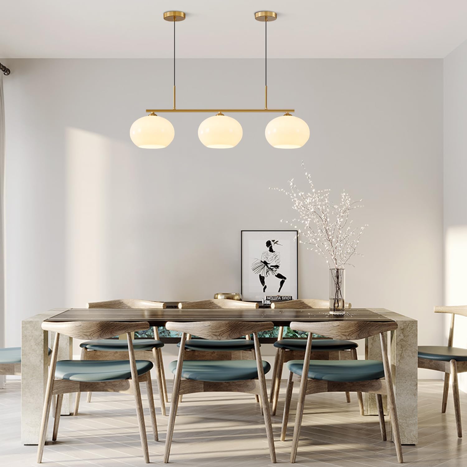 Condition photo showing New/Like New for kco lighting 3 light linear pendant lighting milk glass flush mount ceiling light brass gold chandelier light fixture modern globe linear chandelier dining room dining room over table