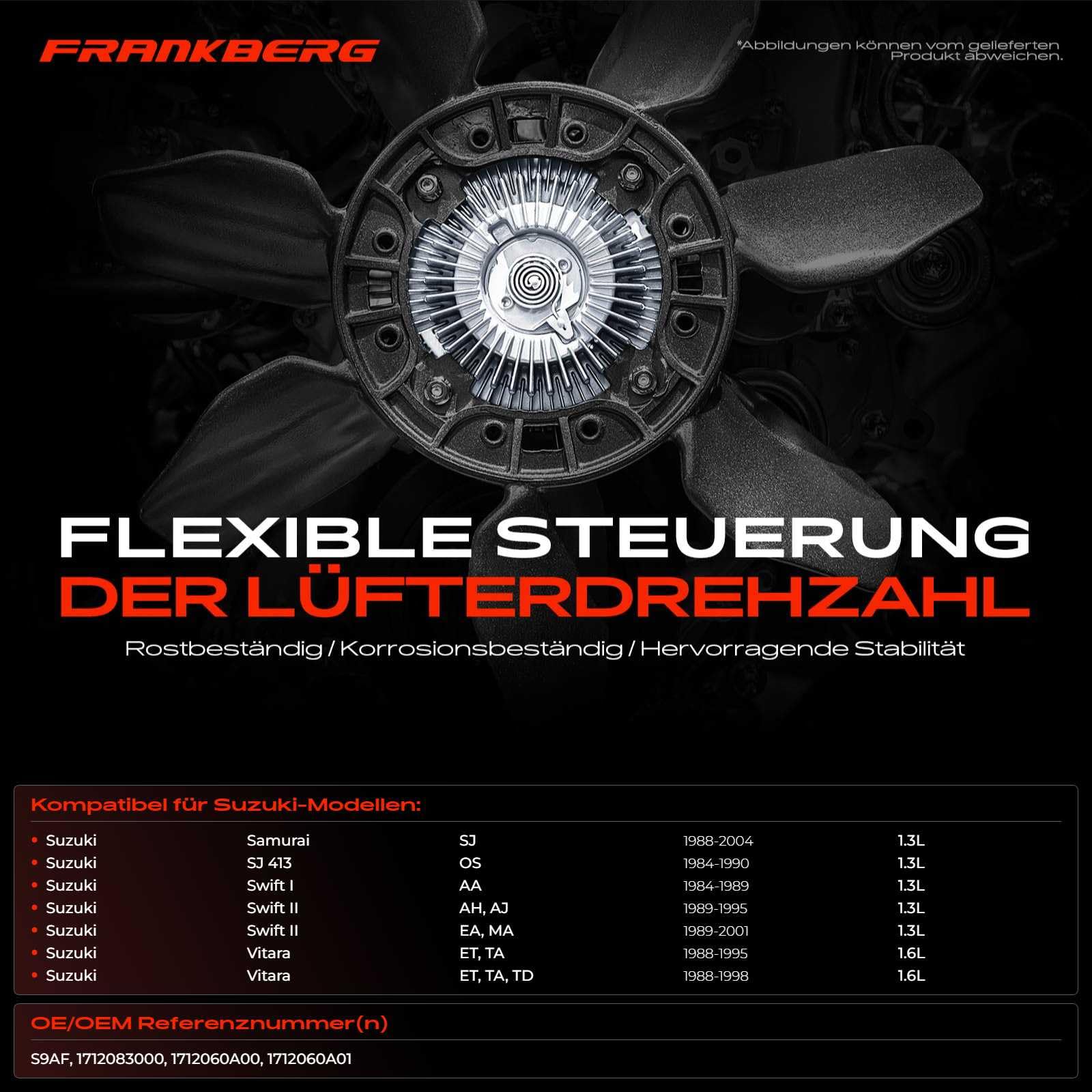 Frankberg Lüfter Kupplung Kühlerlüfter Kompatibel mit Samurai Geländewagen Geschlossen SJ 1.3L 1988-2004 Swift I AA 1.3L 1984-1989 Swift II Schrägheck EA MA Vitara ET TA TD