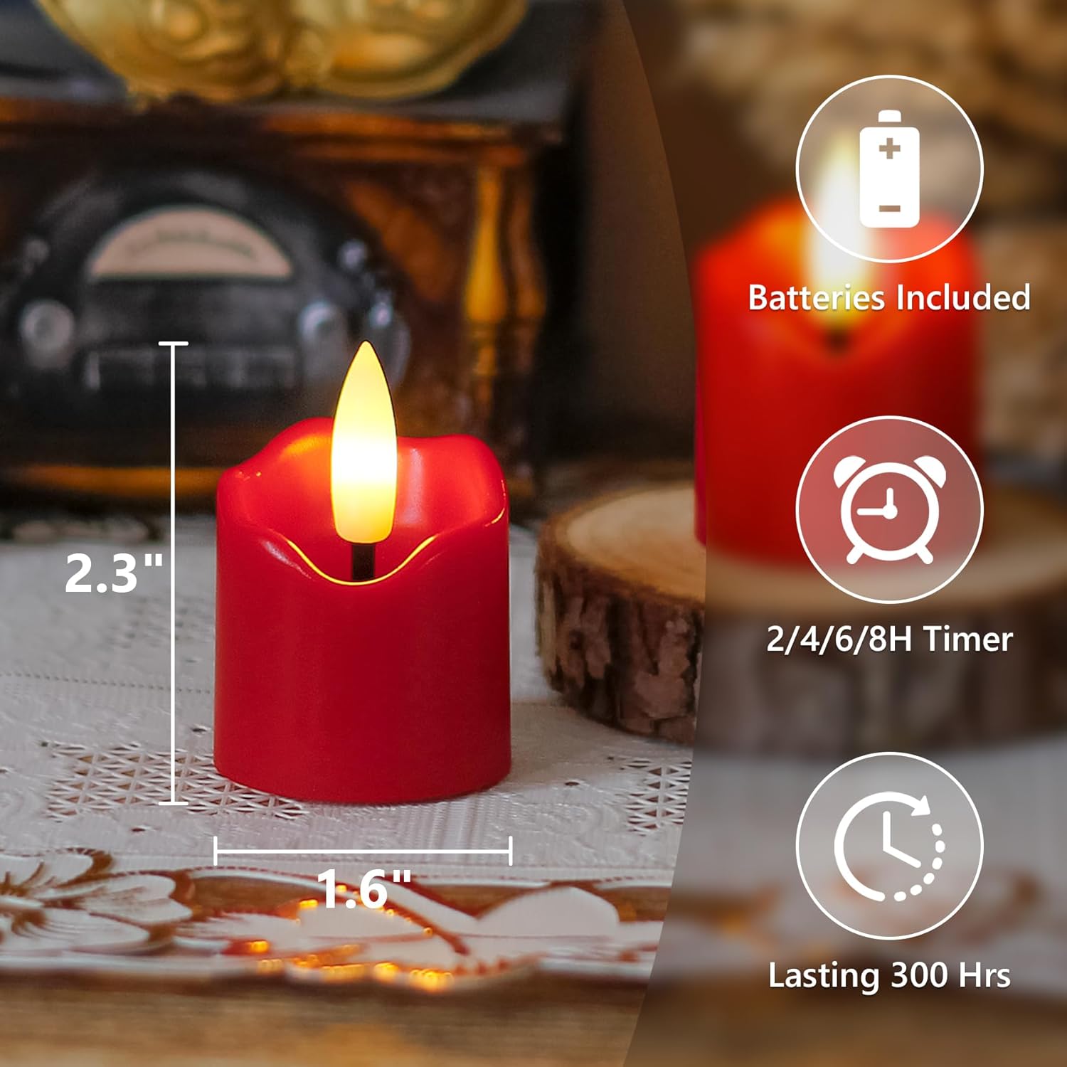 6 Pack Battery Operated Auto Daily Timer Burgundy Plastic LED Flameless Votive Candles, Long Runtime 1.6" x2.3" Flickering Tealight Candles with Remote Control - Image 3