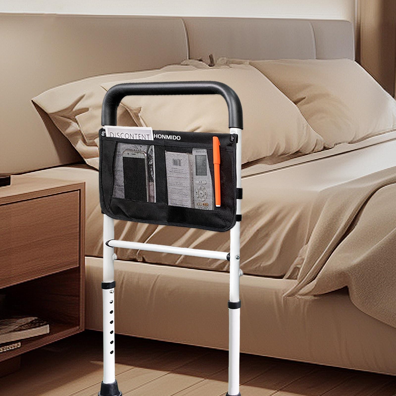Honmido Bed Rails for Elderly Adults Safety with Adjustable Heights Storage Pocket Assist Support Side Railings Seniors Slides Under Mattressbed Cane Guard Bed Handles Bars (White)