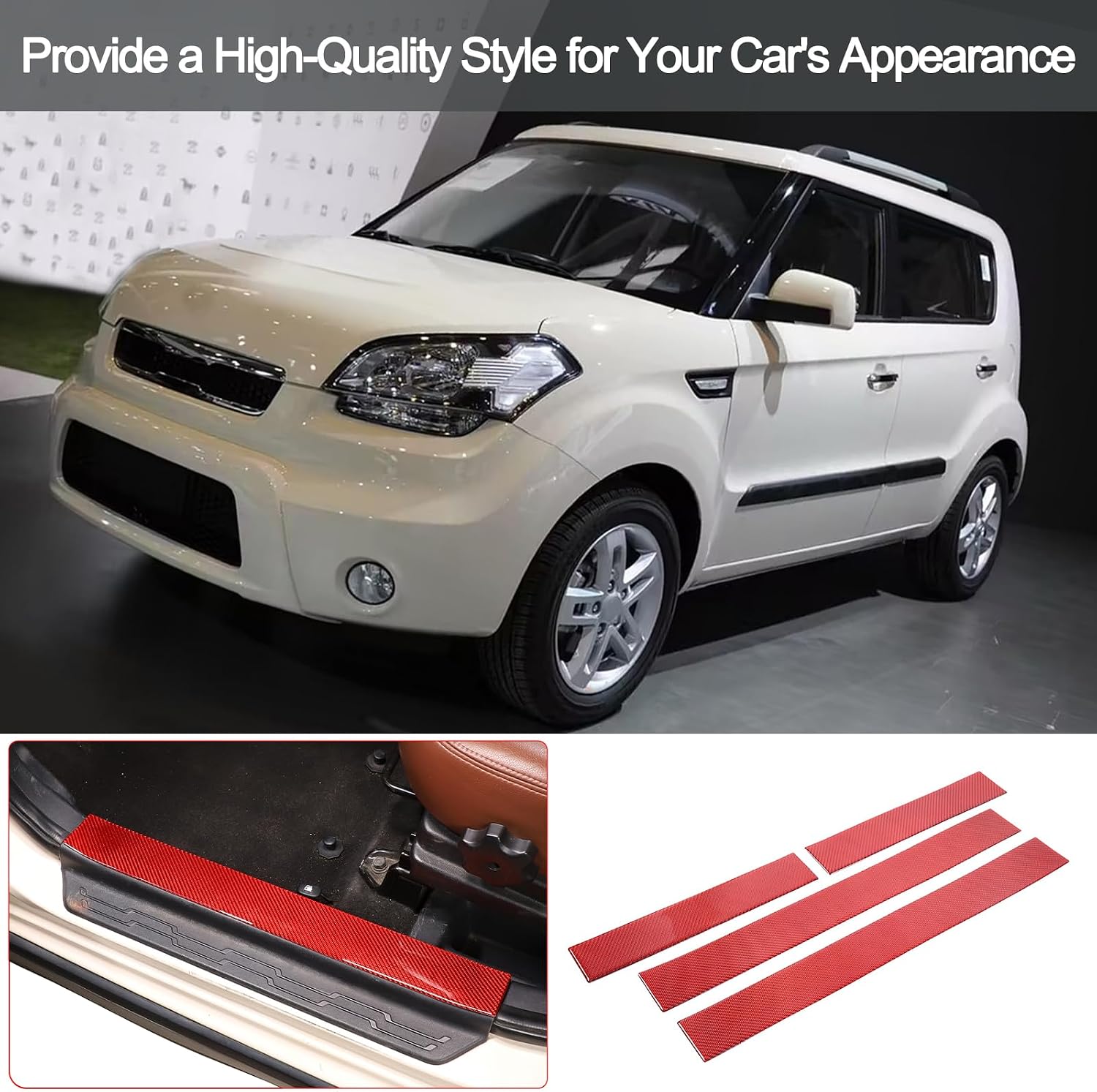 PIUGILH Interior Door Sill Scuff Plate Guards, Real Carbon Fiber Door Sill Protector Cover Compatible with Kia Soul 2009-2013 Inner Accessories, 4PCS (Red)