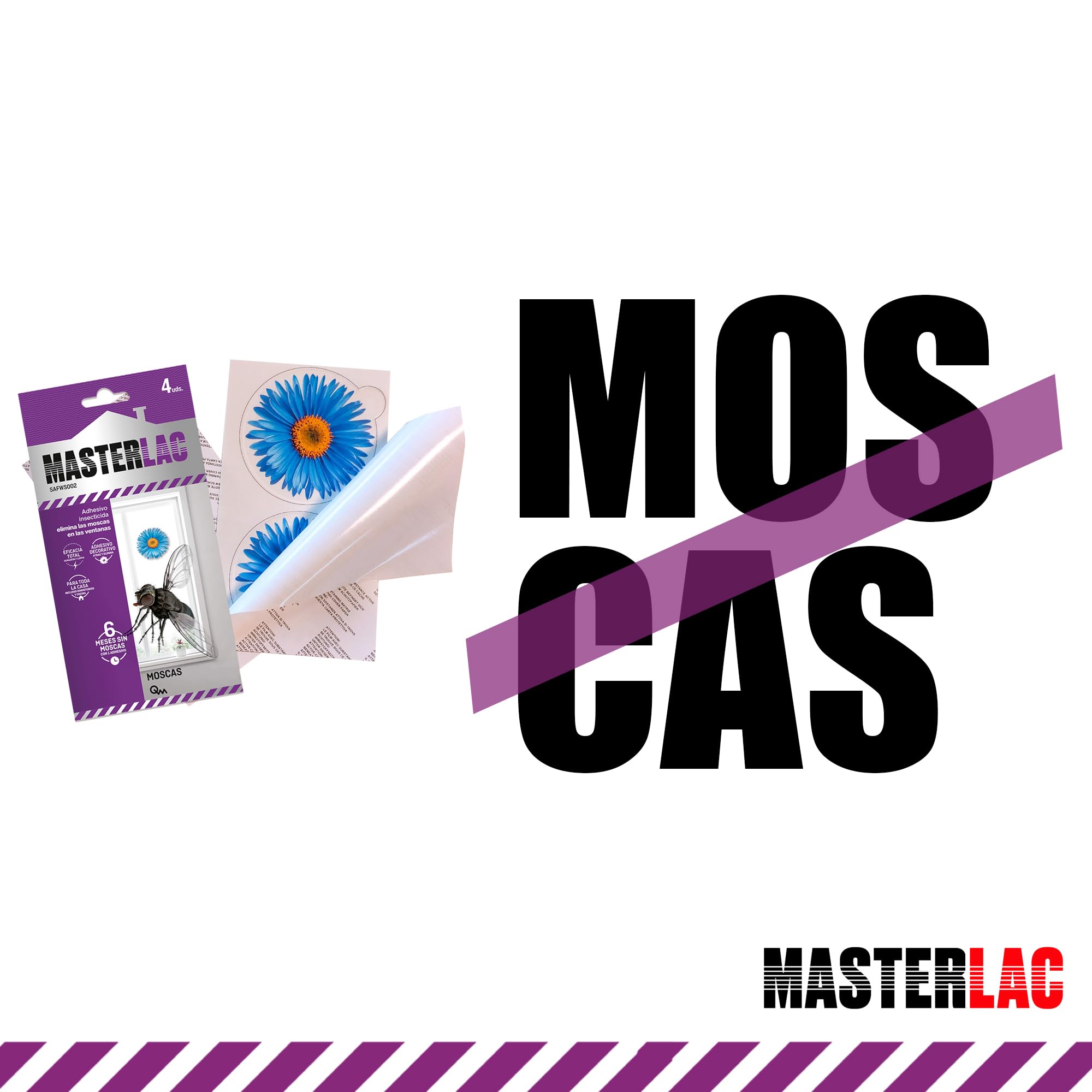 MASTERLAC - Insecticida Moscas Adhesivo-Flor - 4 Uds - Insecticida Decorativo Ventanas - 1 Adhesivo Protege 6 Meses - las Moscas Mueren Lejos de la Trampa - con Dinotefurán - Eficacia Total sin Olores