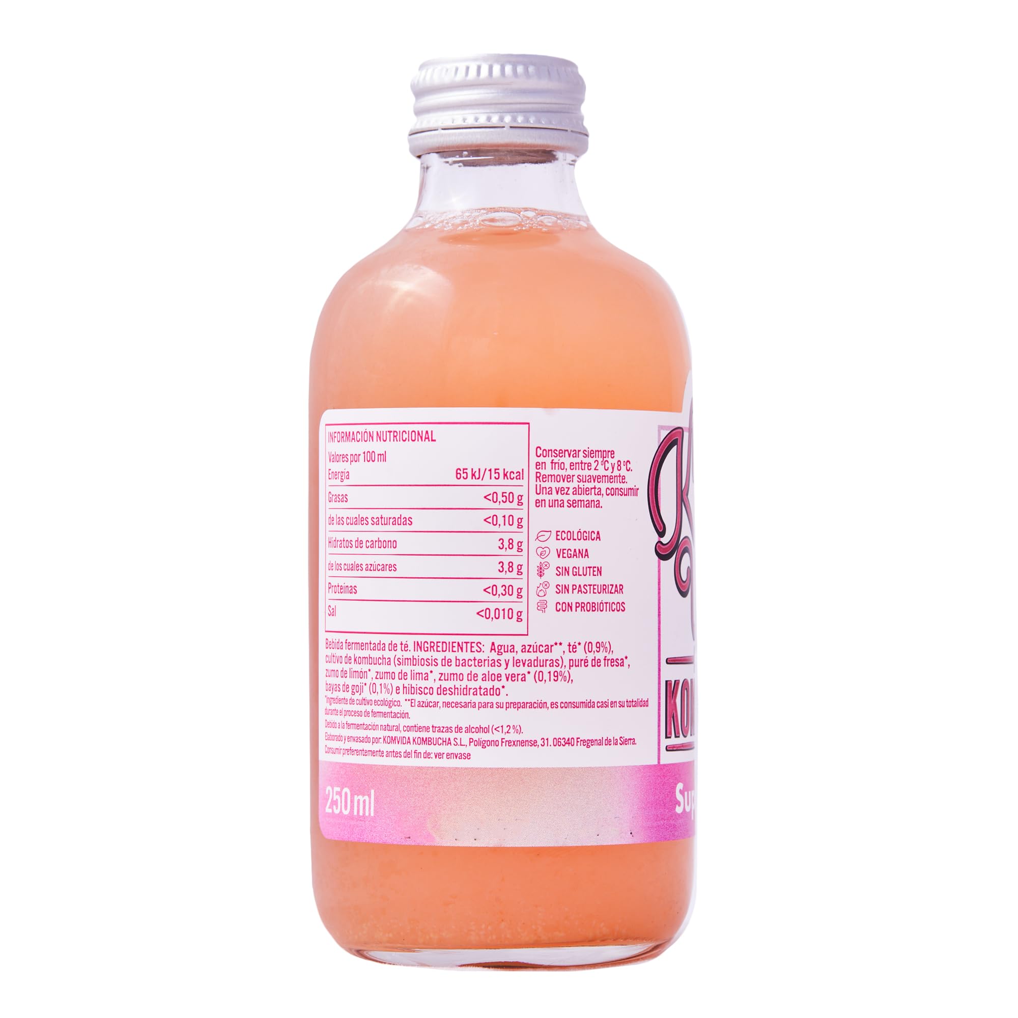 Kombucha Komvida Superglow- Bebida Ecológica de Té fermentado con aloe vera, Sabor Fresa y Lima, Probióticos Naturales, Baja en calorías, 250ml